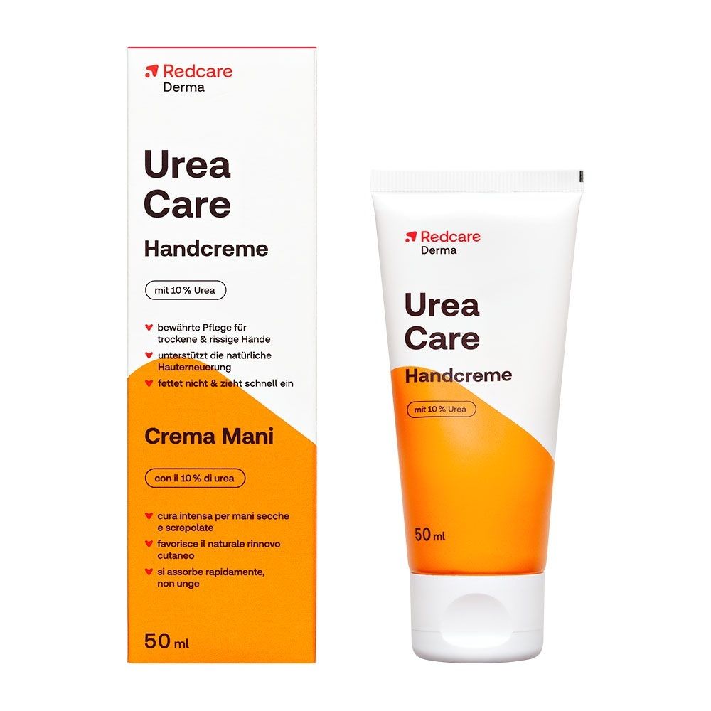 Tube en verpakking van Redcare Derma Urea Care Handcreme, 50ml.