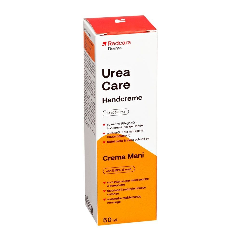 Verpakking van Redcare Derma Urea Care Handcreme met 10% ureum.