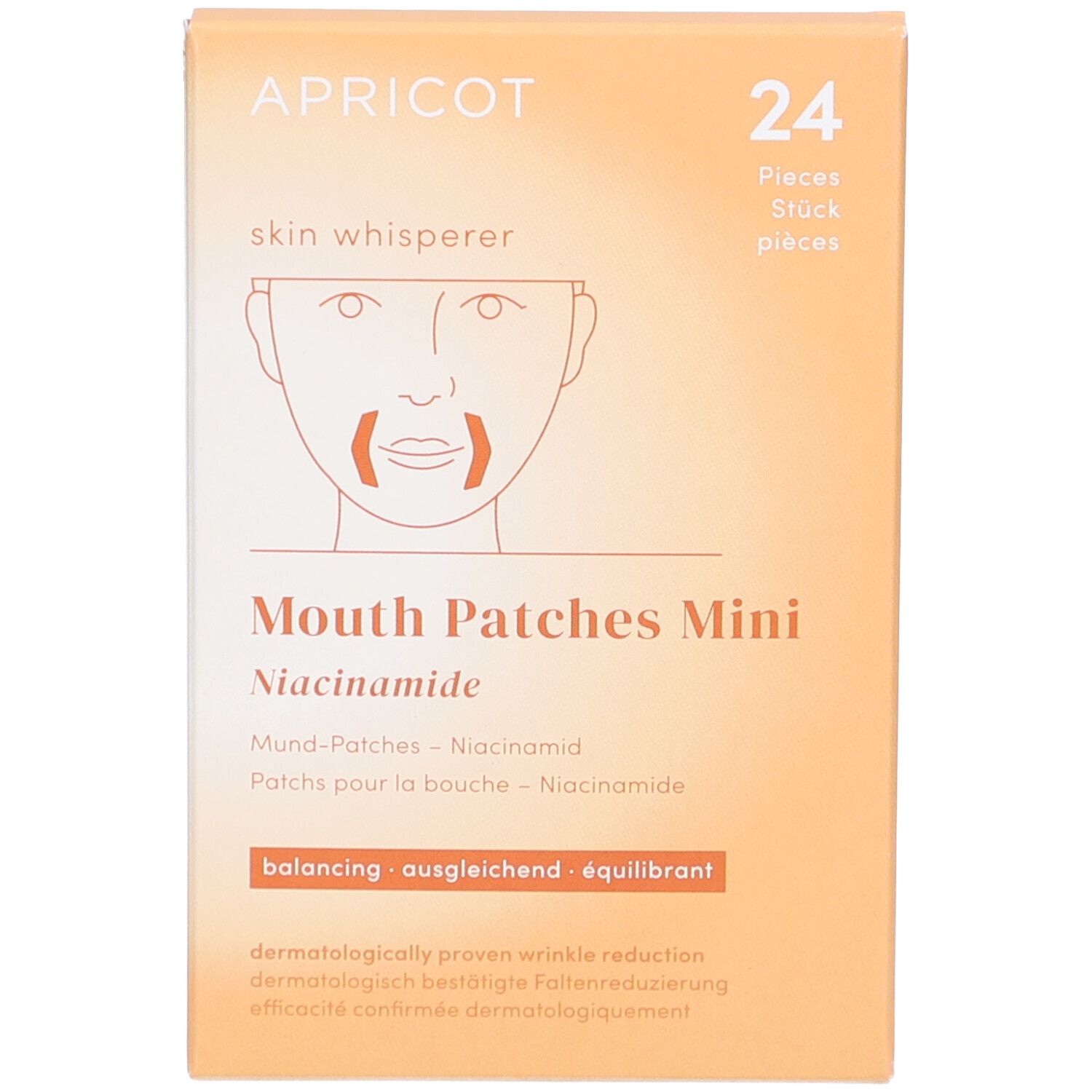 Verpakking met mondpatches. Oranje achtergrond. Opschrift: APRICOT, 24 stuks, Mouth Patches Mini, Niacinamide.
