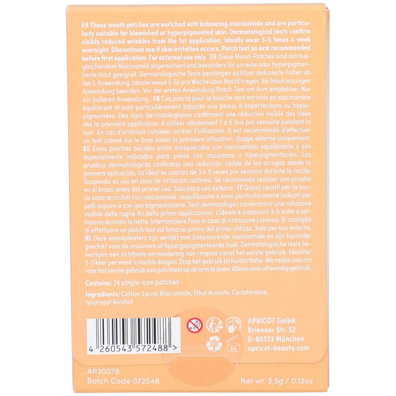 Achterkant van de verpakking met tekst. Bevat 24 individuele patches. Ingrediënten: katoen, linnen, niacinamide, etc. APRICOT GmbH.
