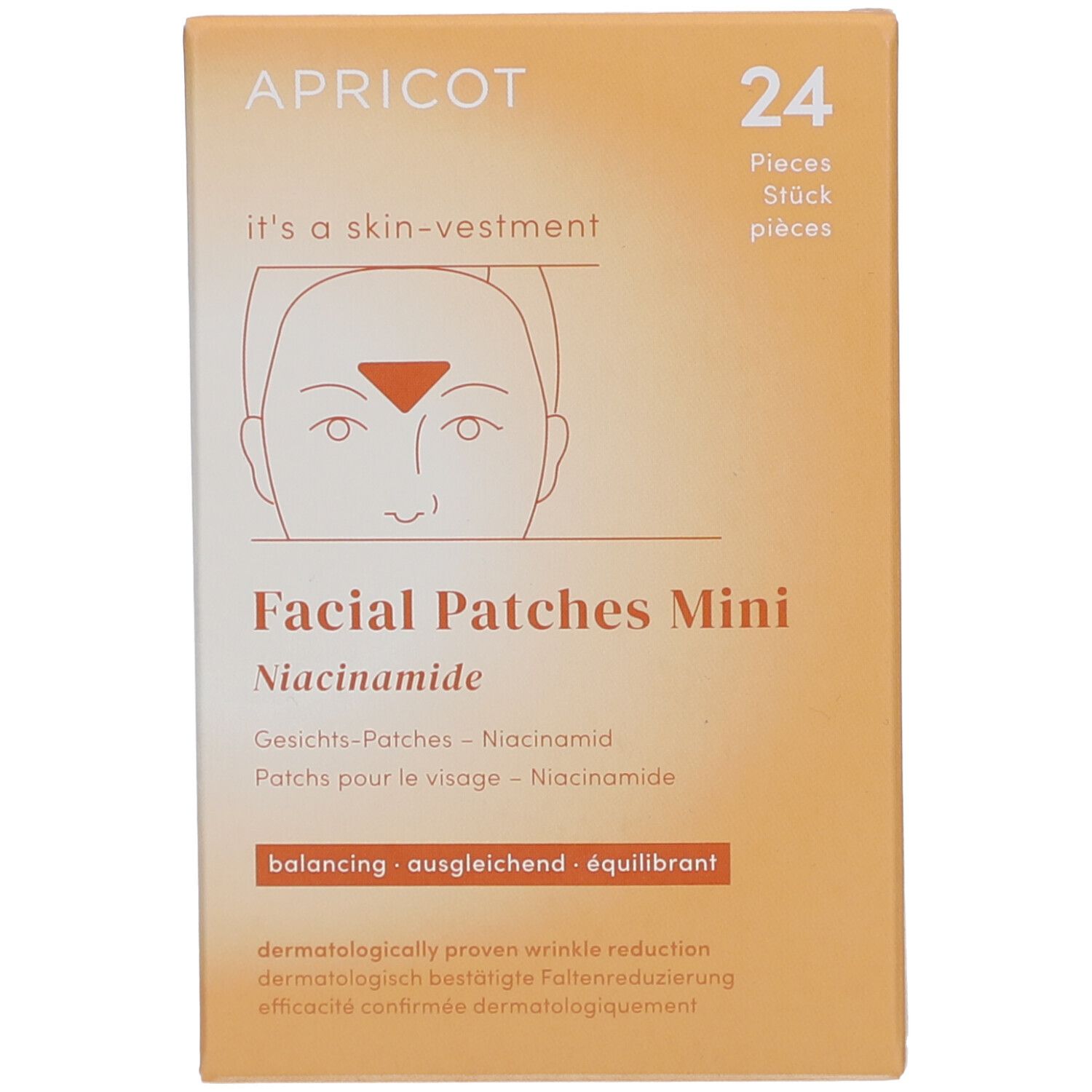 Boîte APRICOT Facial Patches Mini Niacinamide. 24 pièces. Schéma visage avec patchs. Texte: Réduction des rides.
