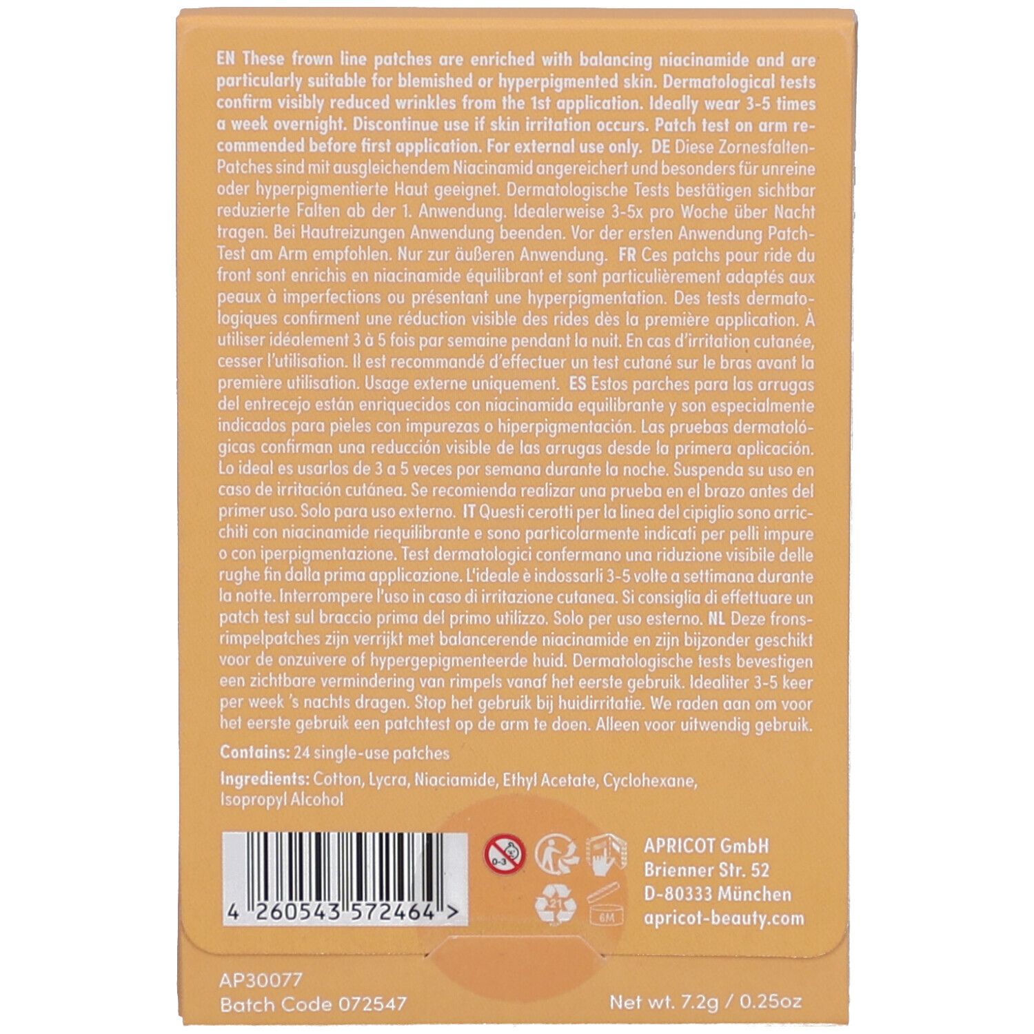Dos de la boîte. Texte: ingrédients, mode d'emploi, adresse fabricant, numéro de lot, poids.