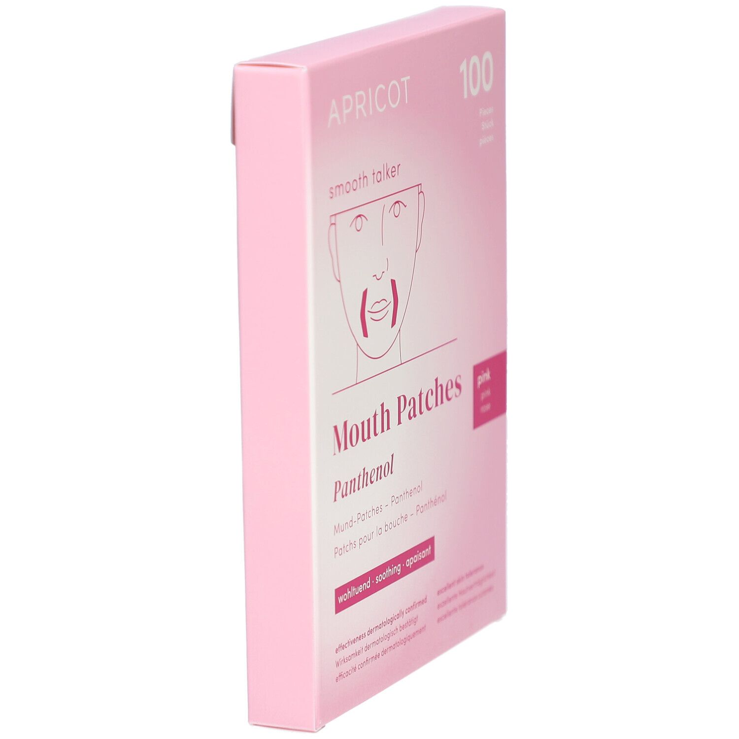 Roze doos APRICOT Mouth Patches met Panthenol, zijaanzicht. Opschrift: Mouth Patches, Panthenol, verzachtend.