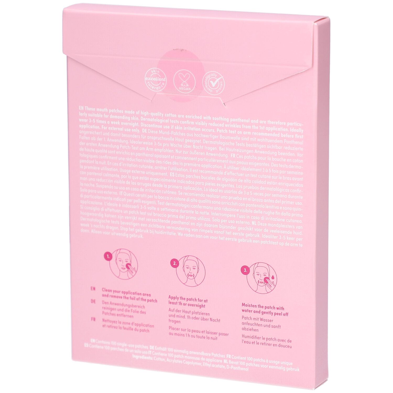 Achterkant van de roze doos. Illustraties voor het aanbrengen van de Mouth Patches. Tekst in het Duits, Engels, Frans.