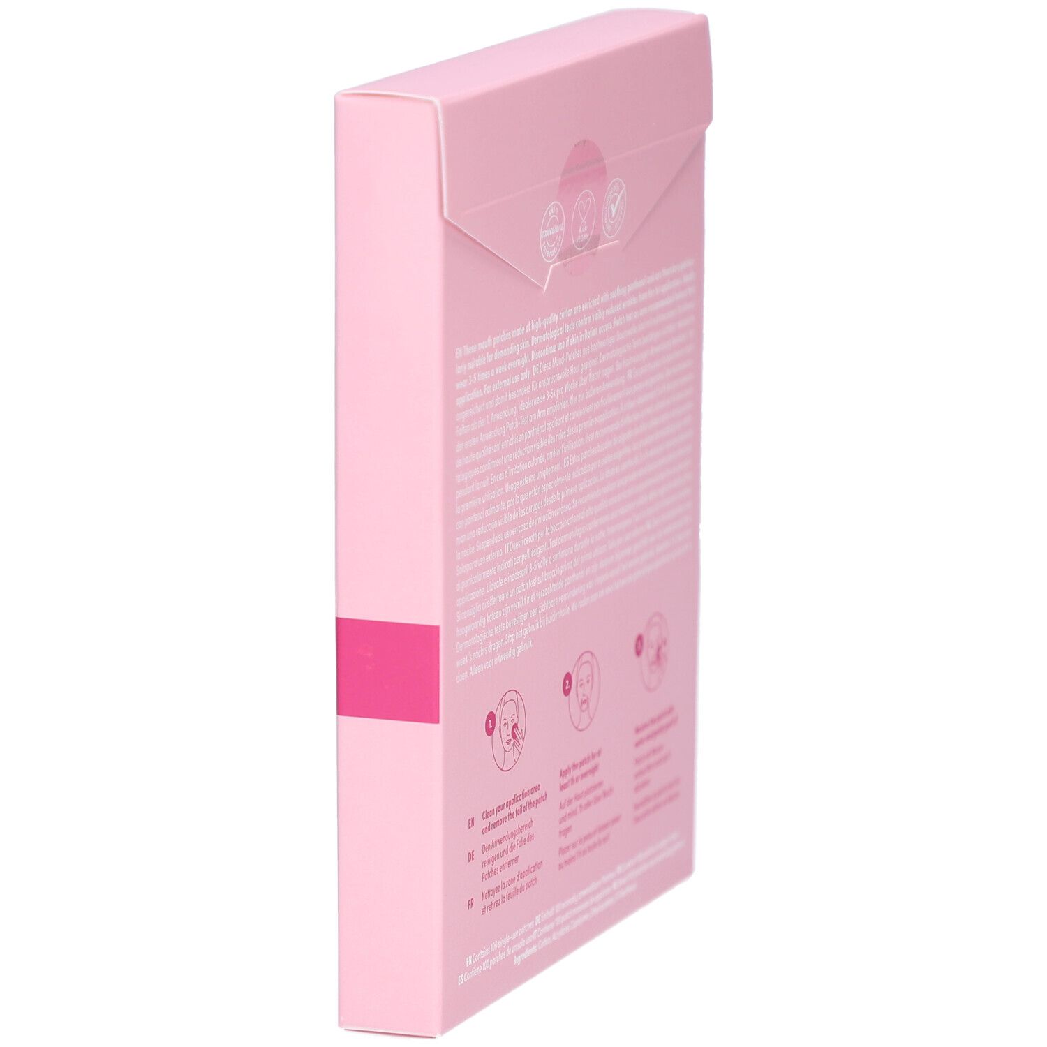 Roze doos, zijaanzicht. Achterkant met gebruiksaanwijzing en logo's. Tekst in het Duits, Engels, Frans.
