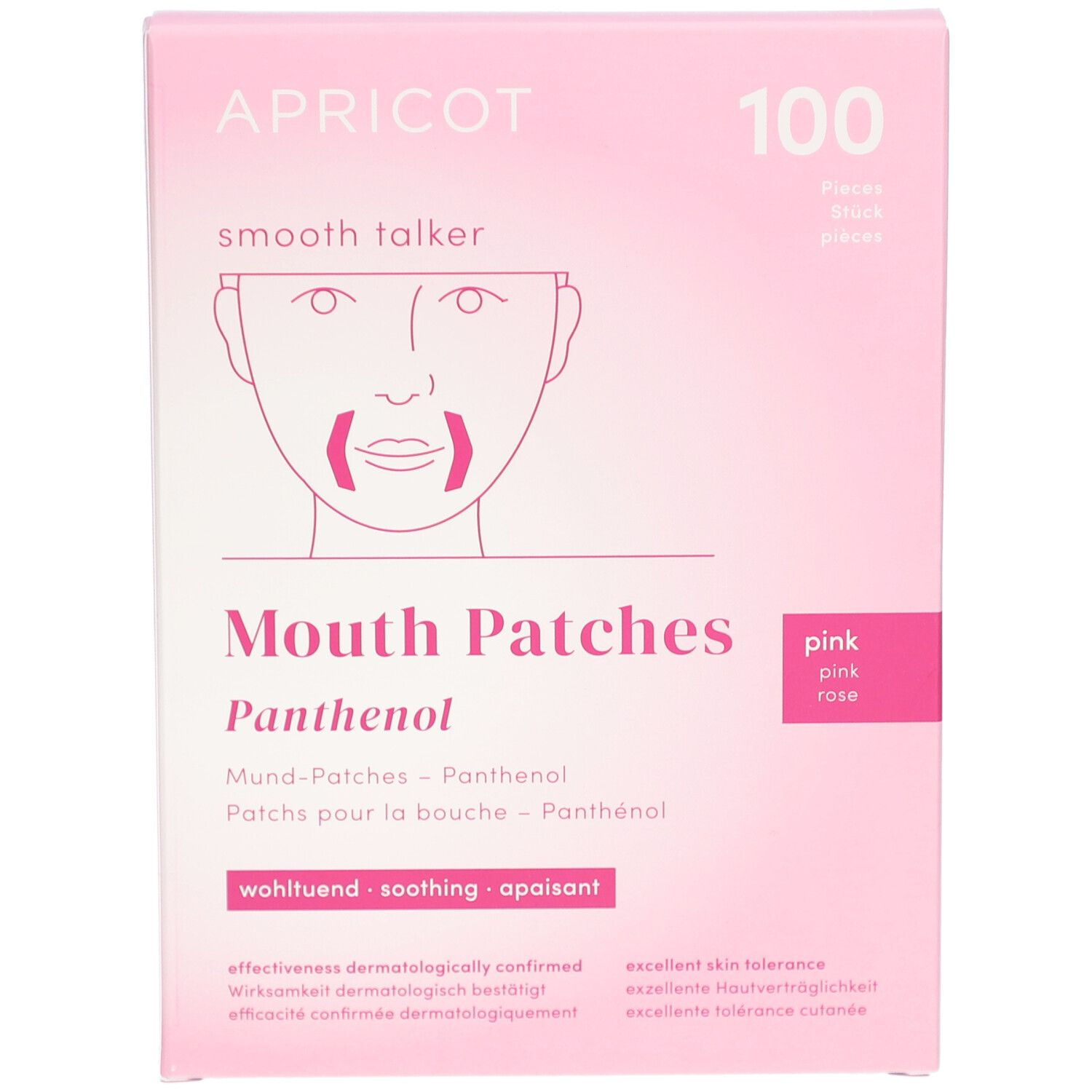 Roze doos APRICOT Mouth Patches met Panthenol. Opschrift: 100 stuks, Mouth Patches, Panthenol, verzachtend.