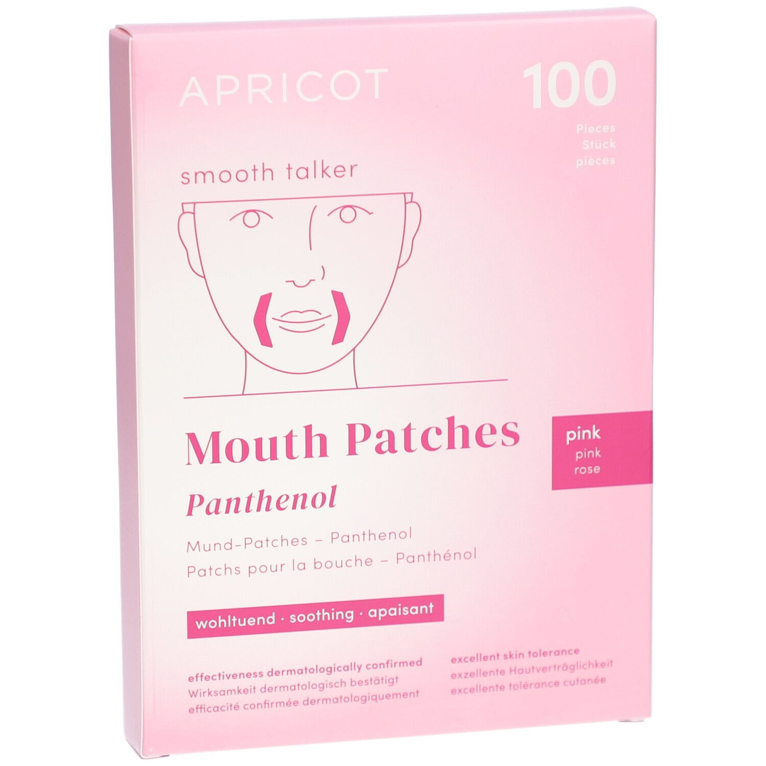 Roze doos APRICOT Mouth Patches met Panthenol. Opschrift: 100 stuks, Mouth Patches, Panthenol, verzachtend.