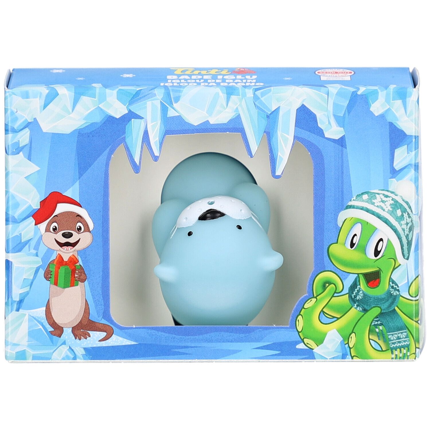 Vue de face de l'emballage du set Bade Iglu. Montre un phoque bleu dans la fenêtre. Contient des illustrations d'animaux.