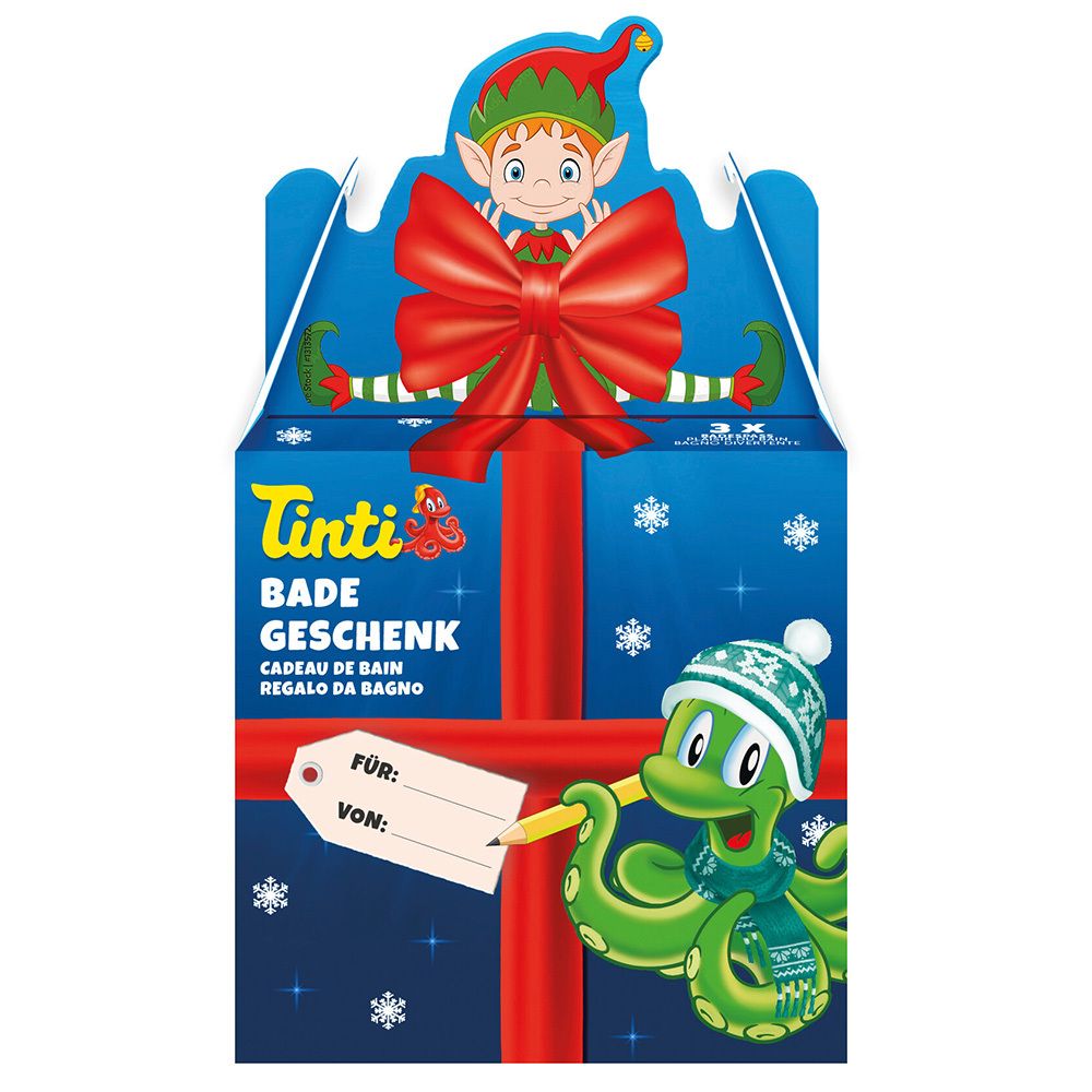 Geschenkdoos met blauwe achtergrond, rode strik en elfenmotief. Bevat Tinti Bad Geschenk-Set. Met cadeaulabel.