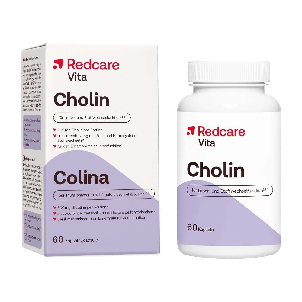 Witte fles en doos Redcare Vita Cholin. Opschrift: Choline, 60 capsules. Op de doos: Colina.