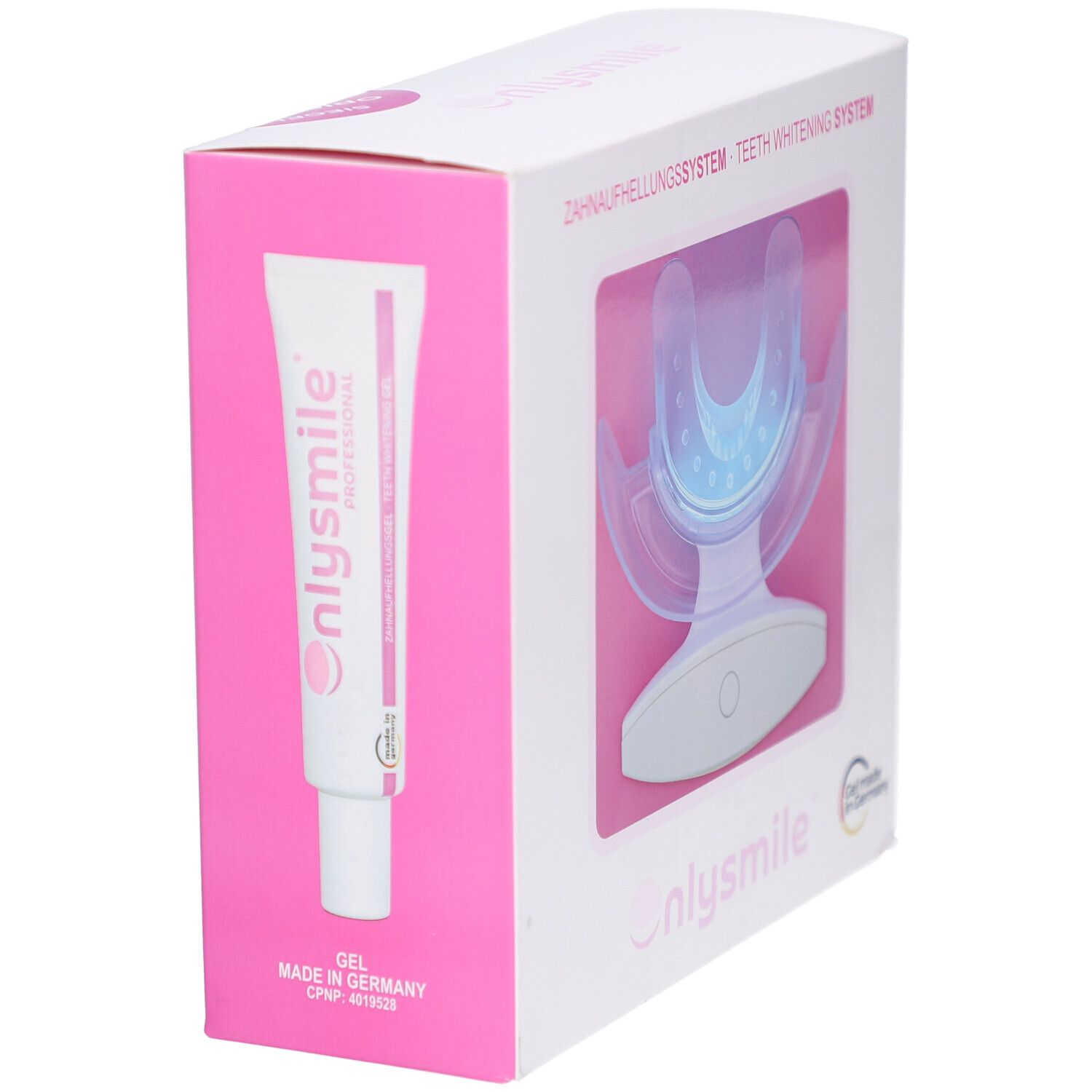 Système de blanchiment dentaire Onlysmile avec gel et embout LED.