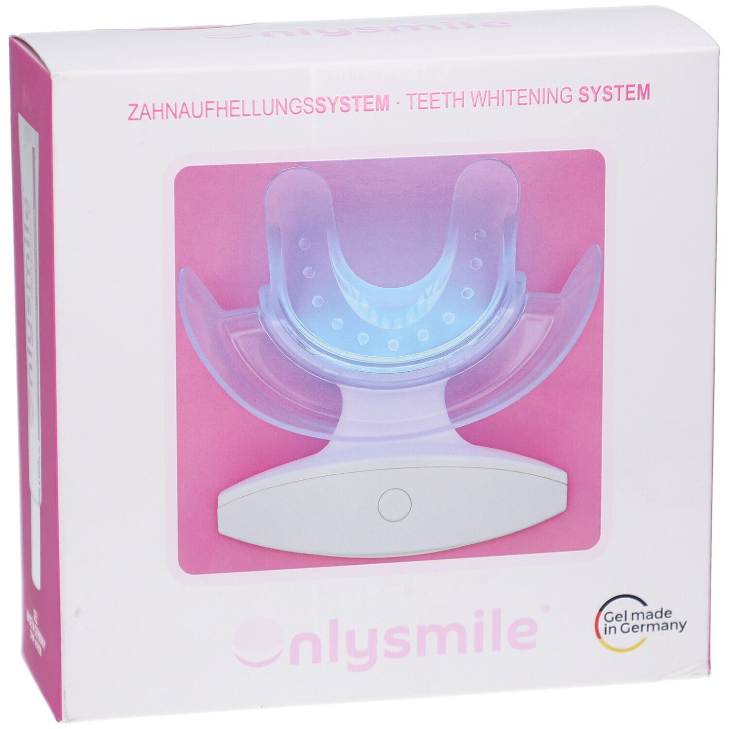 Système de blanchiment des dents avec lumière bleue dans une boîte, marque Onlysmile, mention 'Gel made in Germany'.