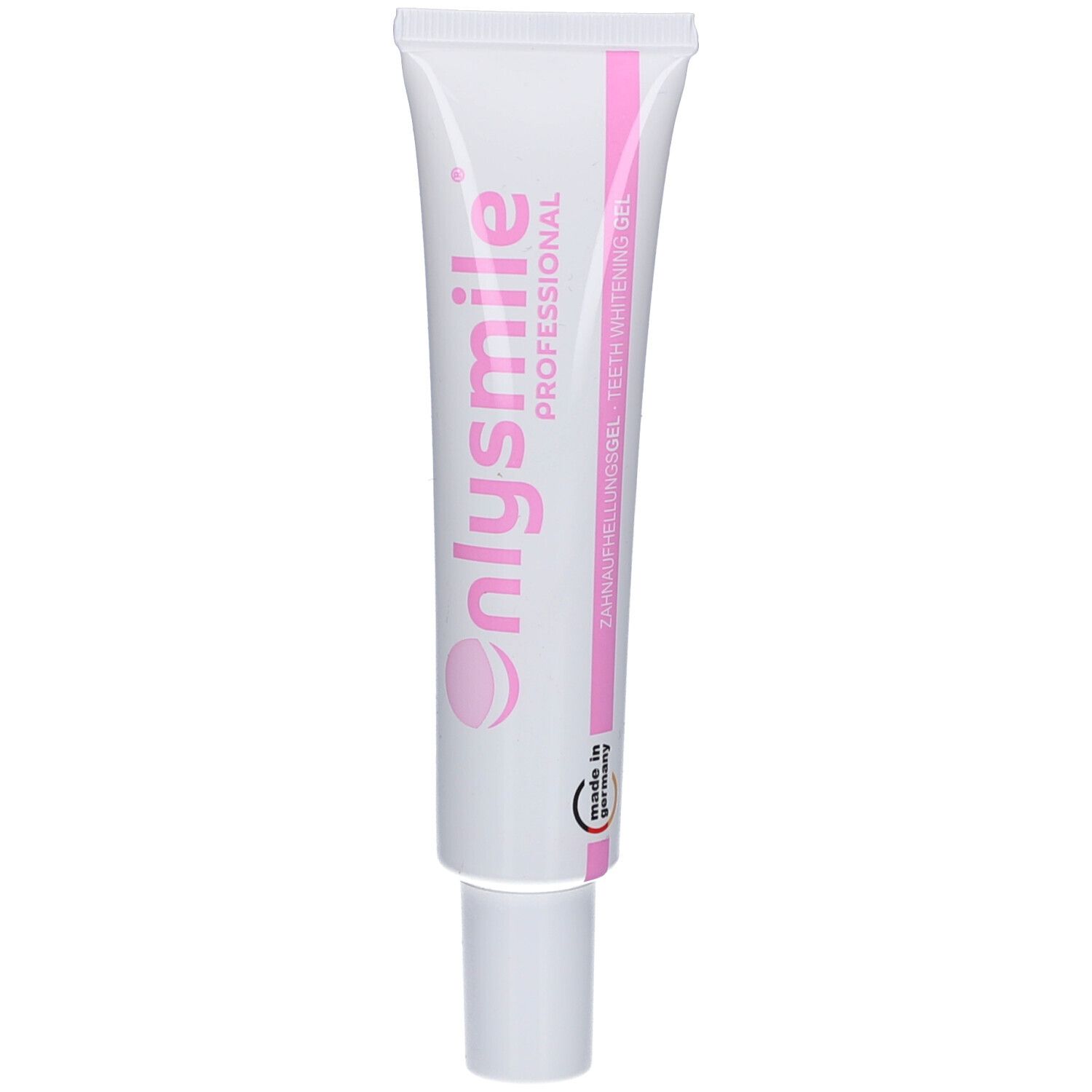 Witte tube met roze tekst onlysmile PROFESSIONAL. Tandbleekgel. Made in Germany.