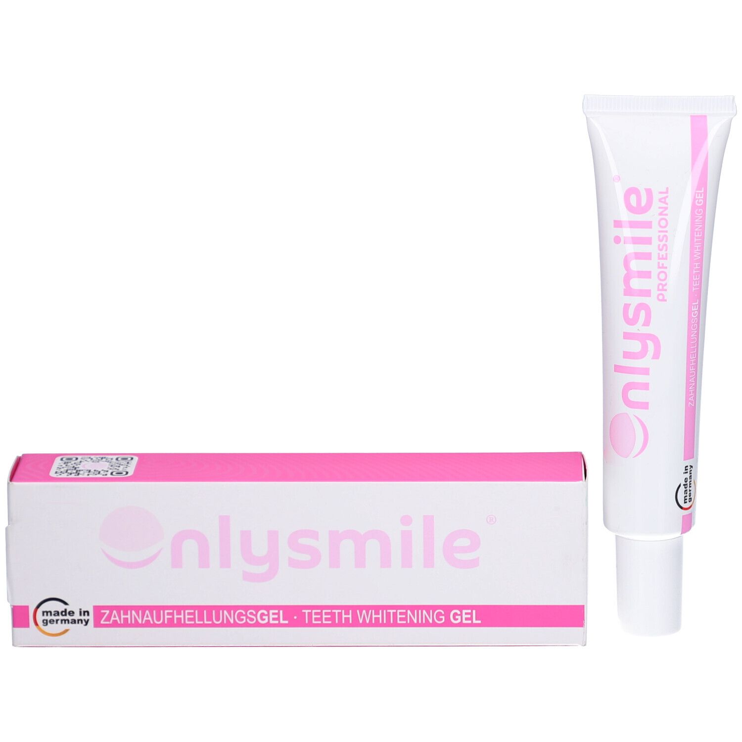 Productverpakking en tube. Roze-witte doos met onlysmile. Tandbleekgel. Made in Germany.