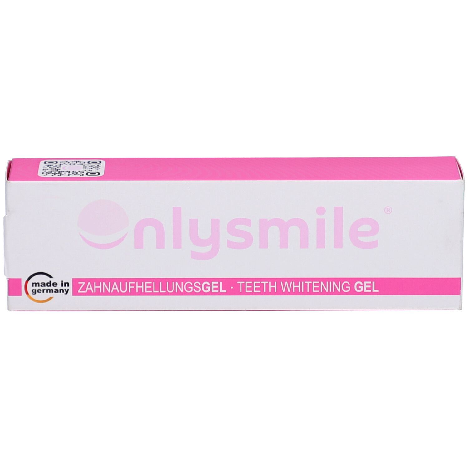 Roze-witte doos met onlysmile. Tandbleekgel. QR-code en Made in Germany.