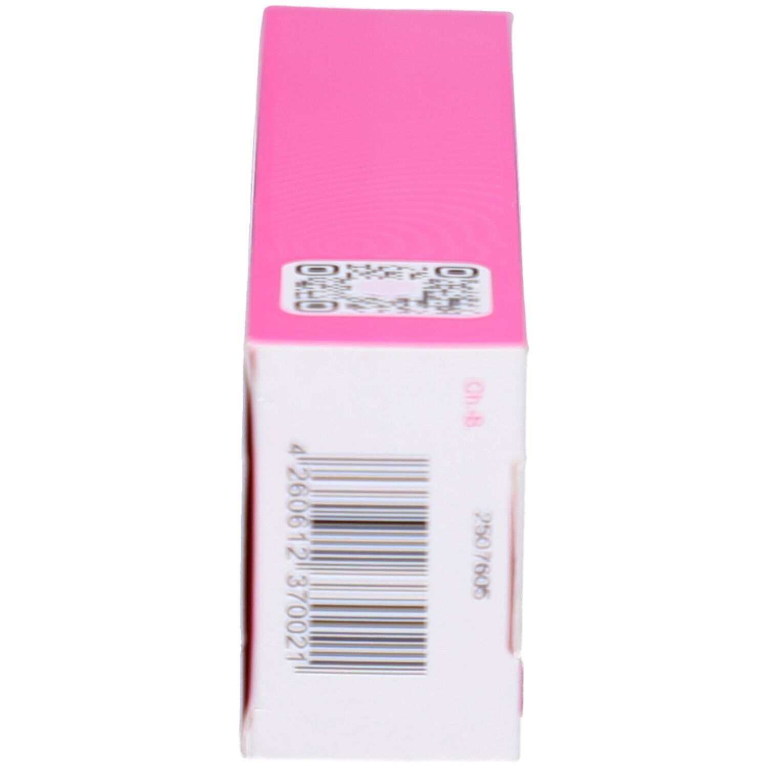 Zijaanzicht van de doos. QR-code, batchnummer en streepjescode. Roze en wit.