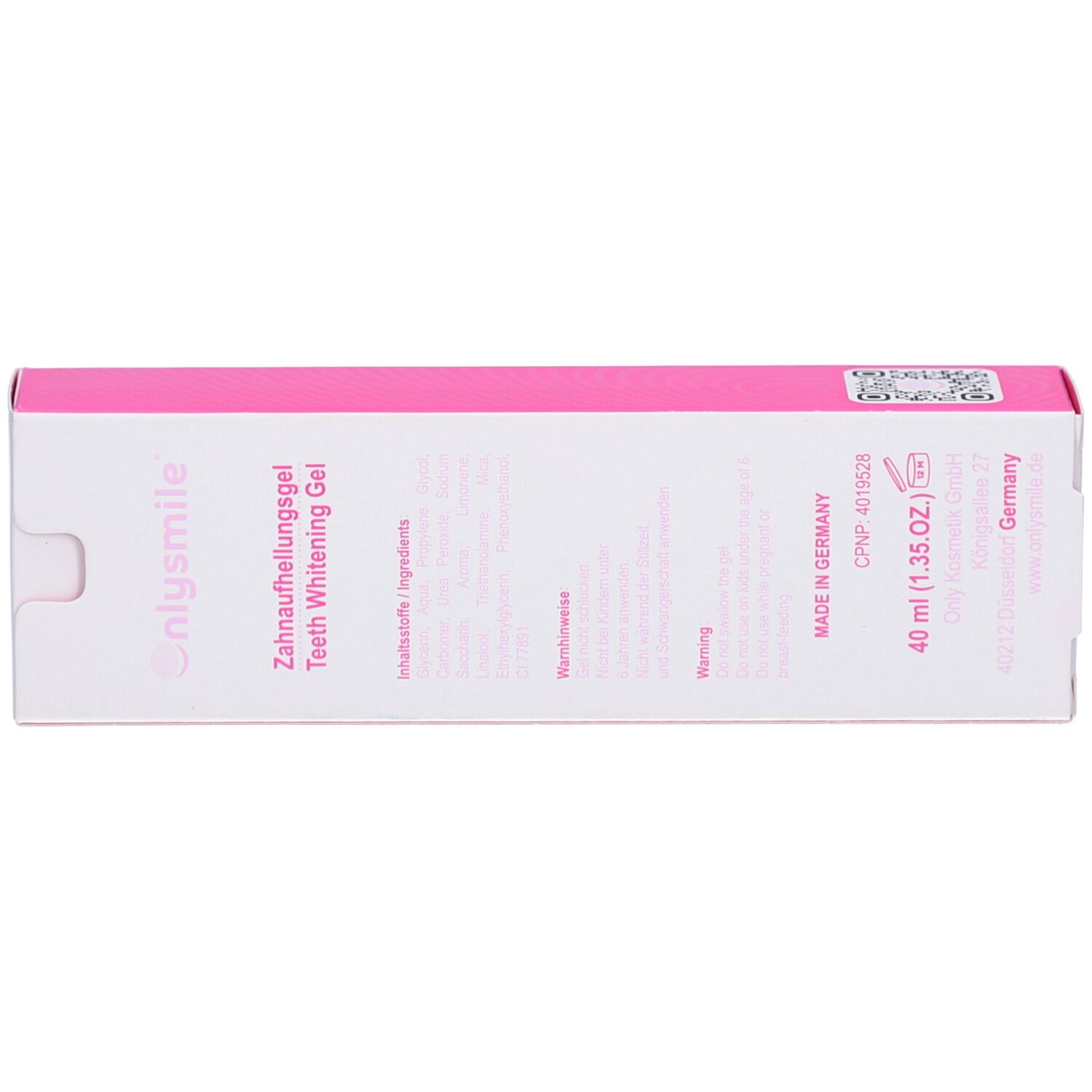 Bovenzijde van de doos. onlysmile, tandbleekgel, 40 ml. Made in Germany. QR-code.
