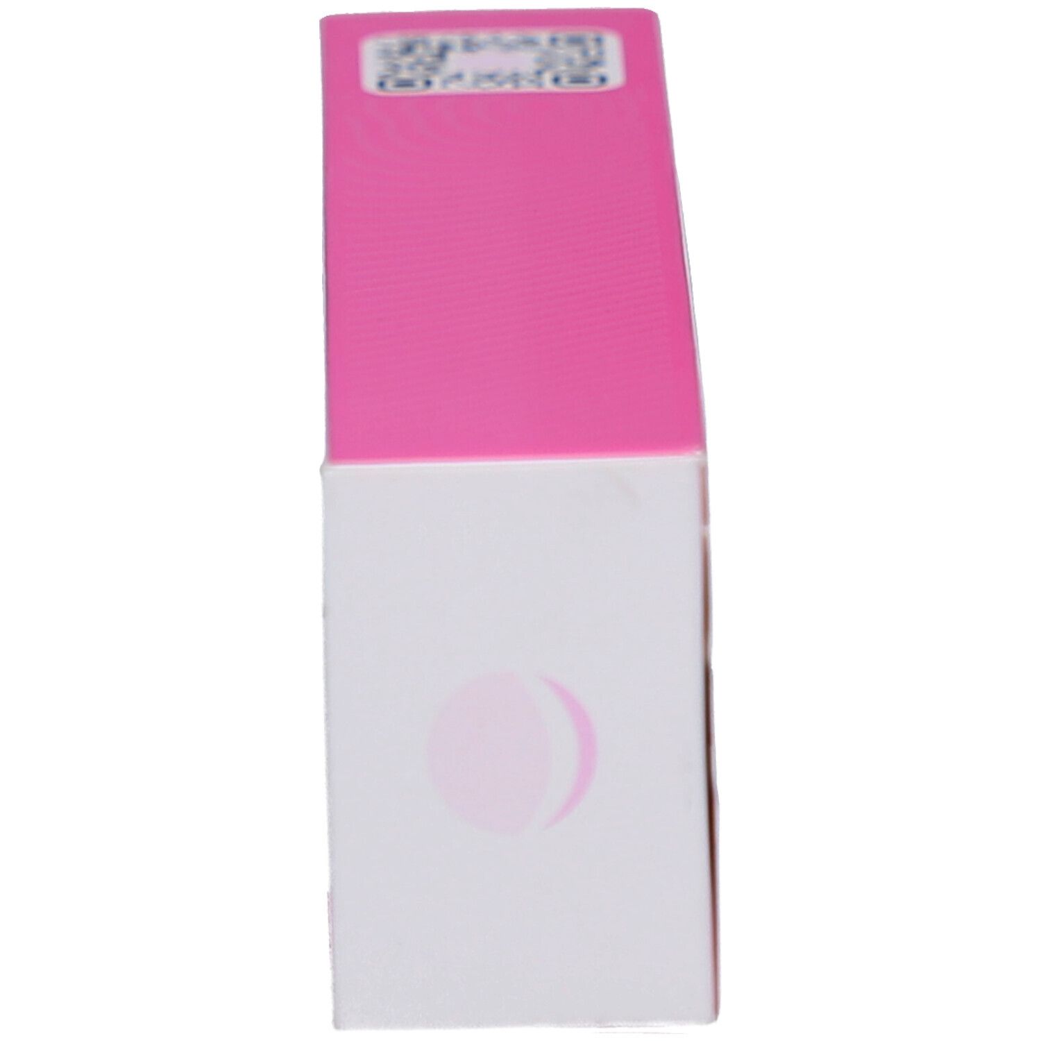 Doos, schuin van boven. Roze-witte verpakking met onlysmile logo en QR-code.