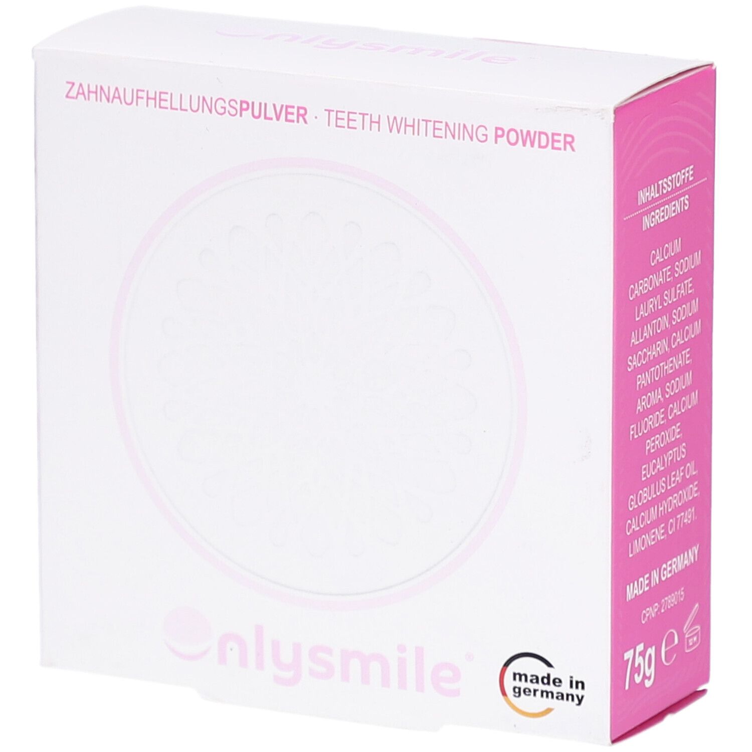 Onlysmile tanden bleekpoeder verpakking, 75g. Bevat ingrediënten zoals calcium en fluoride.