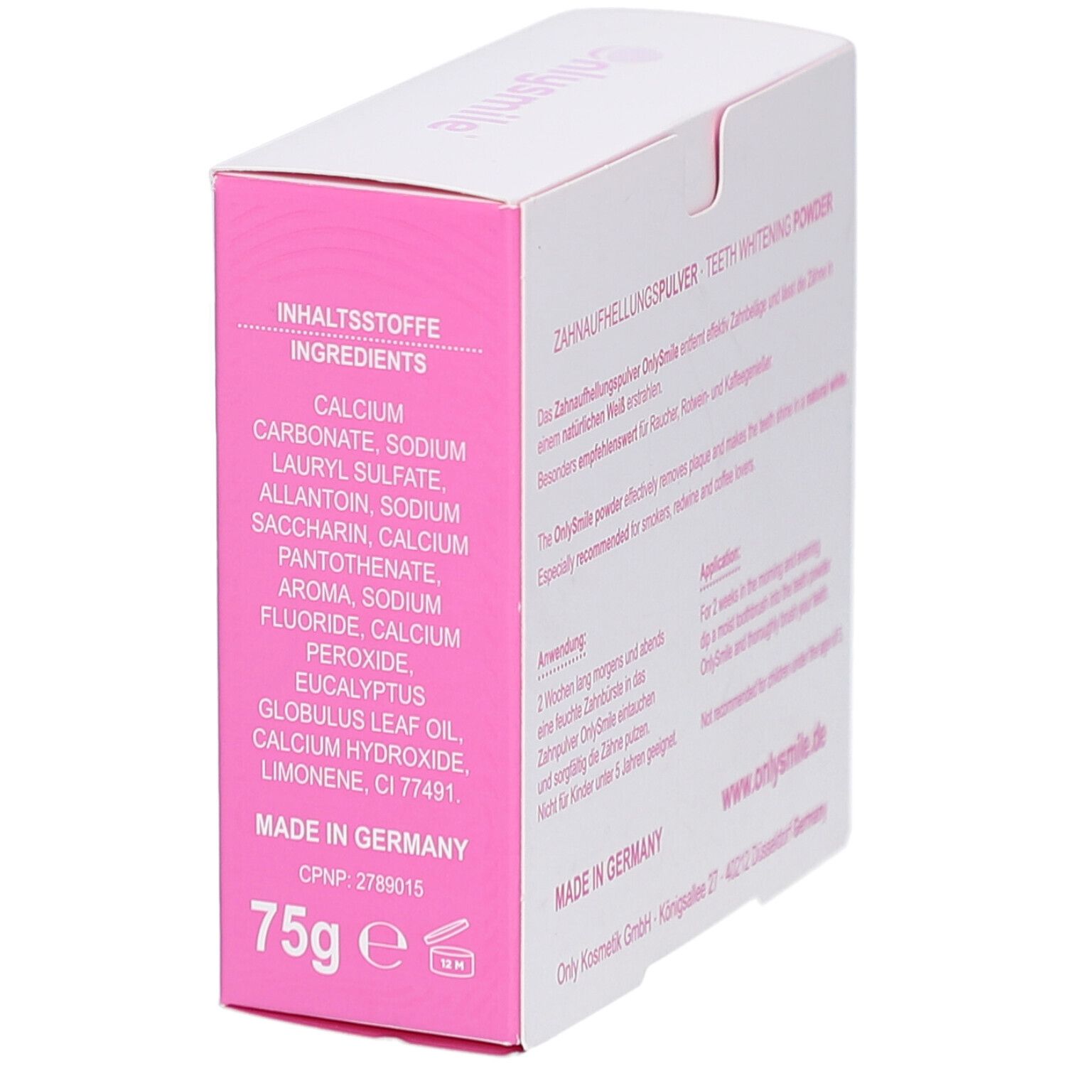 Tanden bleekpoeder in 75g doos. Ingrediënten en Made in Germany vermelding.