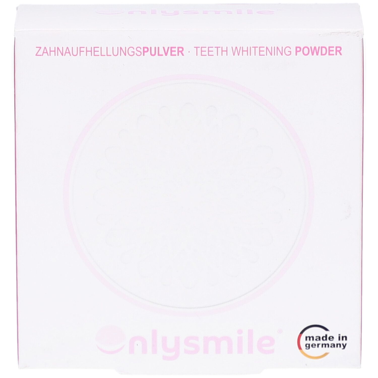 Witte verpakking met "Zahnaufhellungspulver" en "onlysmile" logo. "made in germany" zegel.