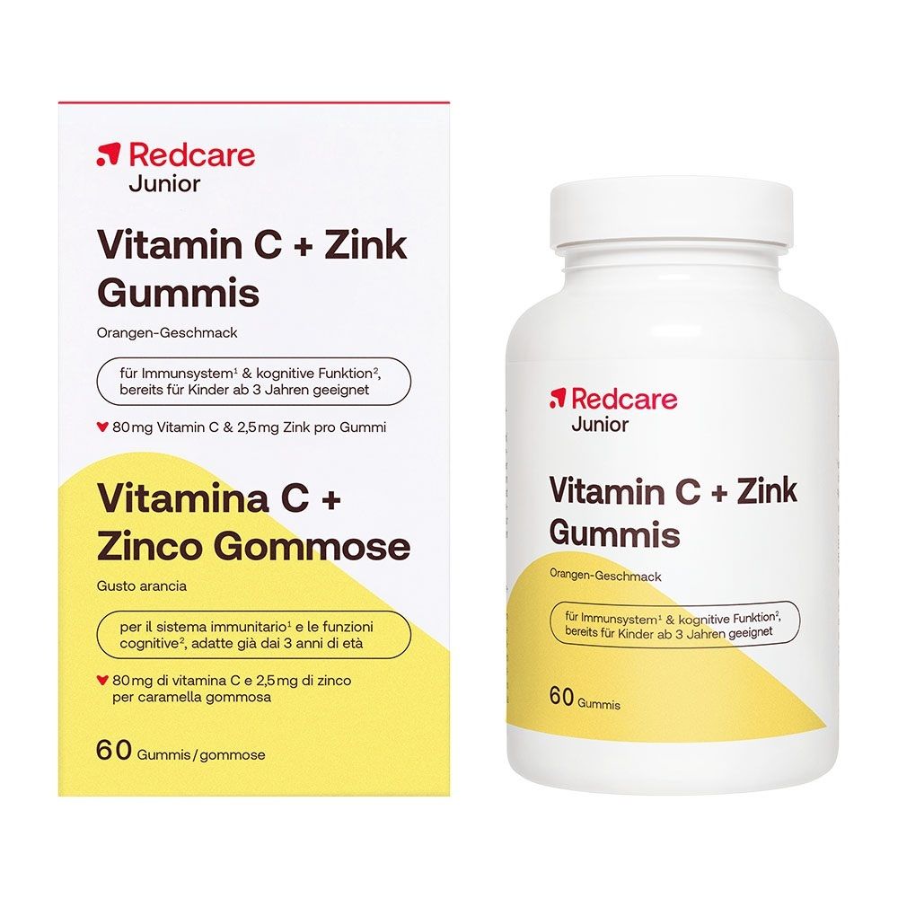 Emballage et flacon Redcare Junior Vitamine C + Zinc Gommes, contenant 60 gommes.