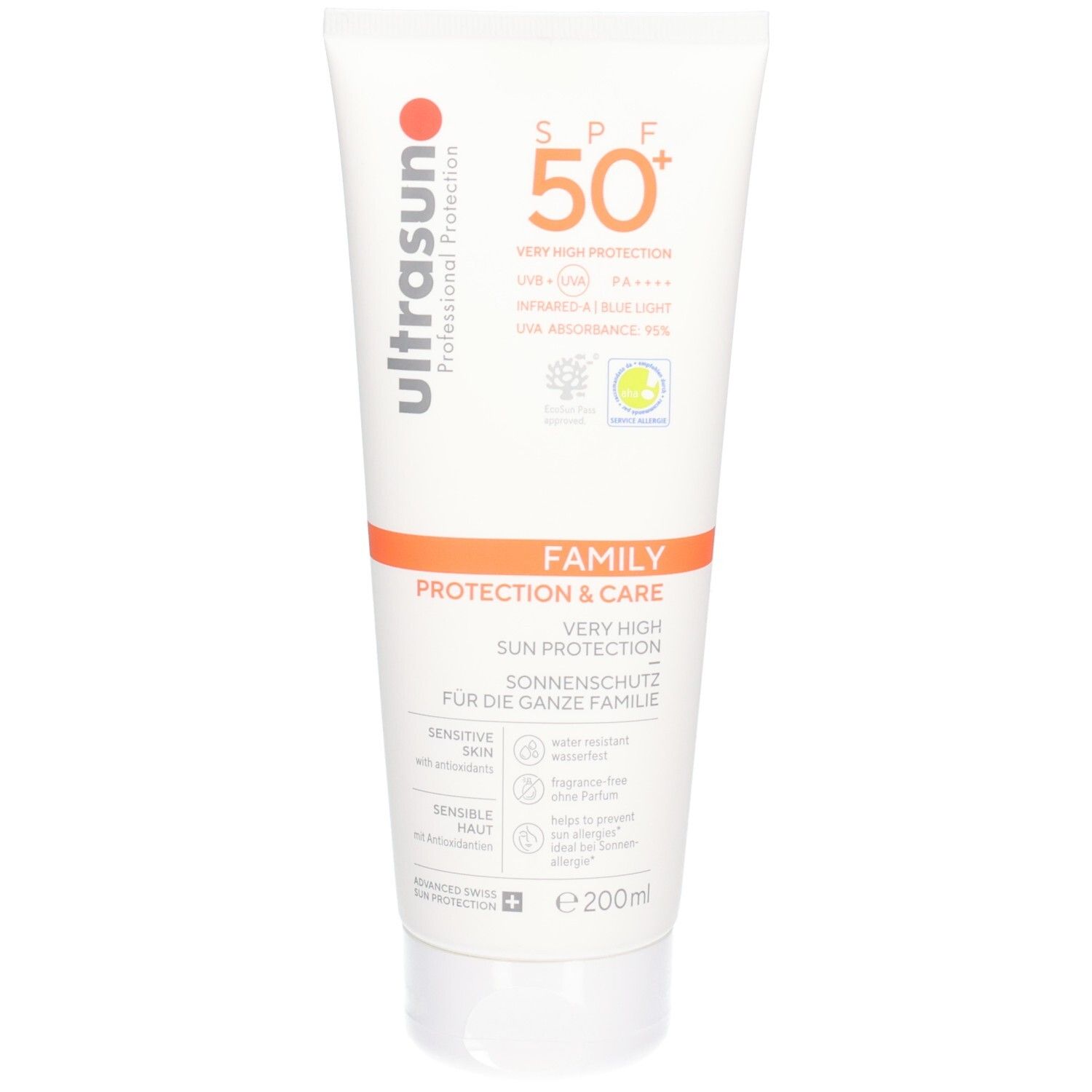 Tube blanc avec impression rouge et orange. Texte: ultrasun, SPF 50+, FAMILY PROTECTION & CARE. Contient des logos et du texte en allemand.
