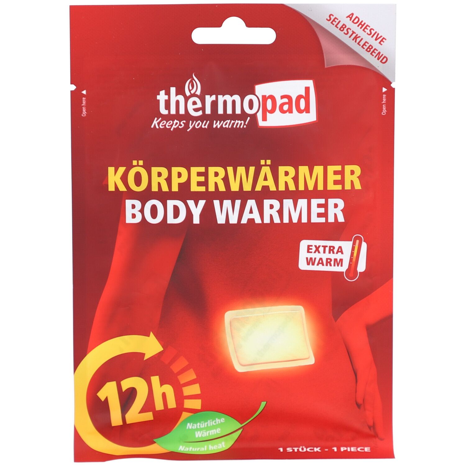 Rode verpakking met productafbeelding. Opschrift: thermopad Körperwärmer. Extra warm. 12 uur warmte.