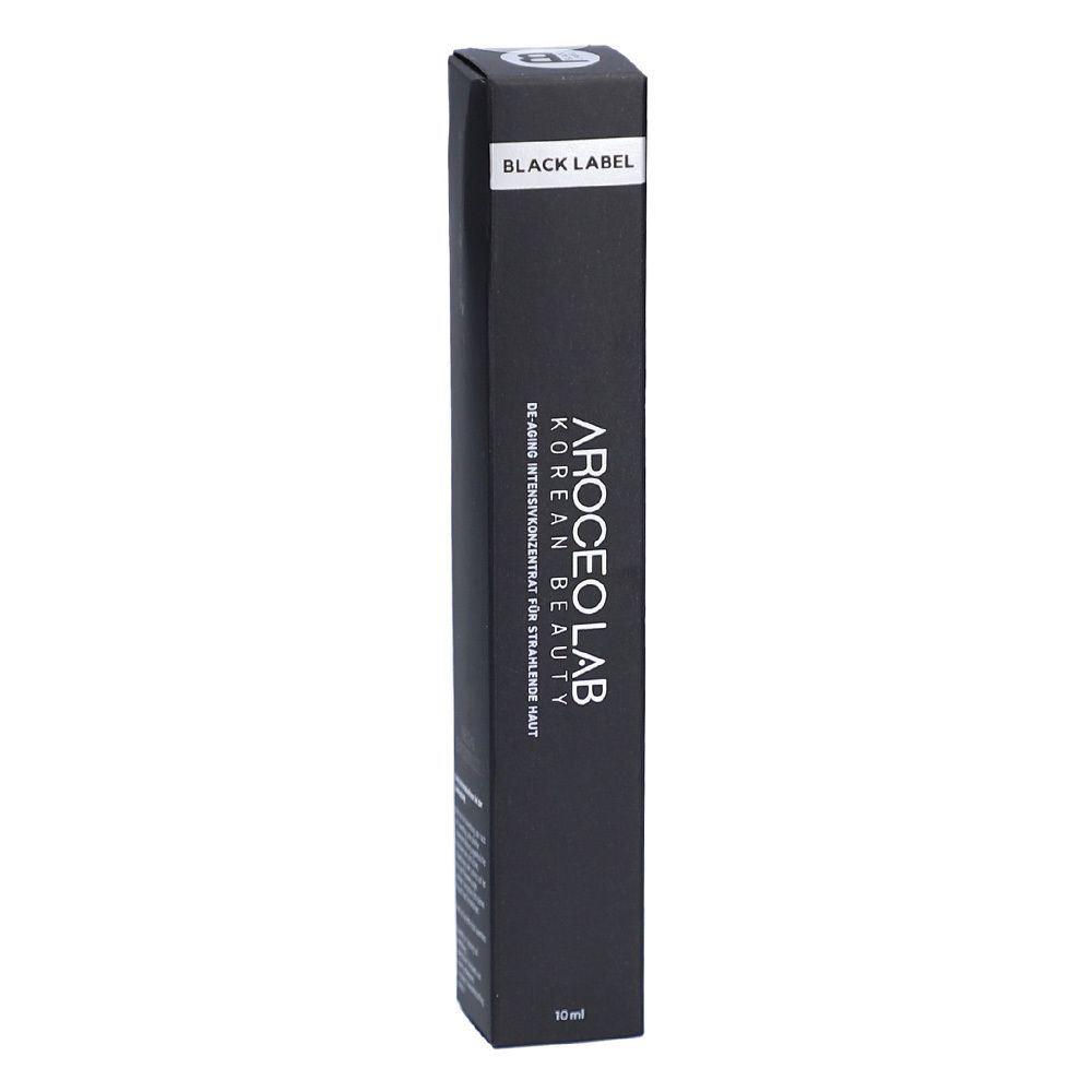 Emballage noir. Texte: AROCEO LAB, Korean Beauty, concentré anti-âge. Étiquette noire: BLACK LABEL.