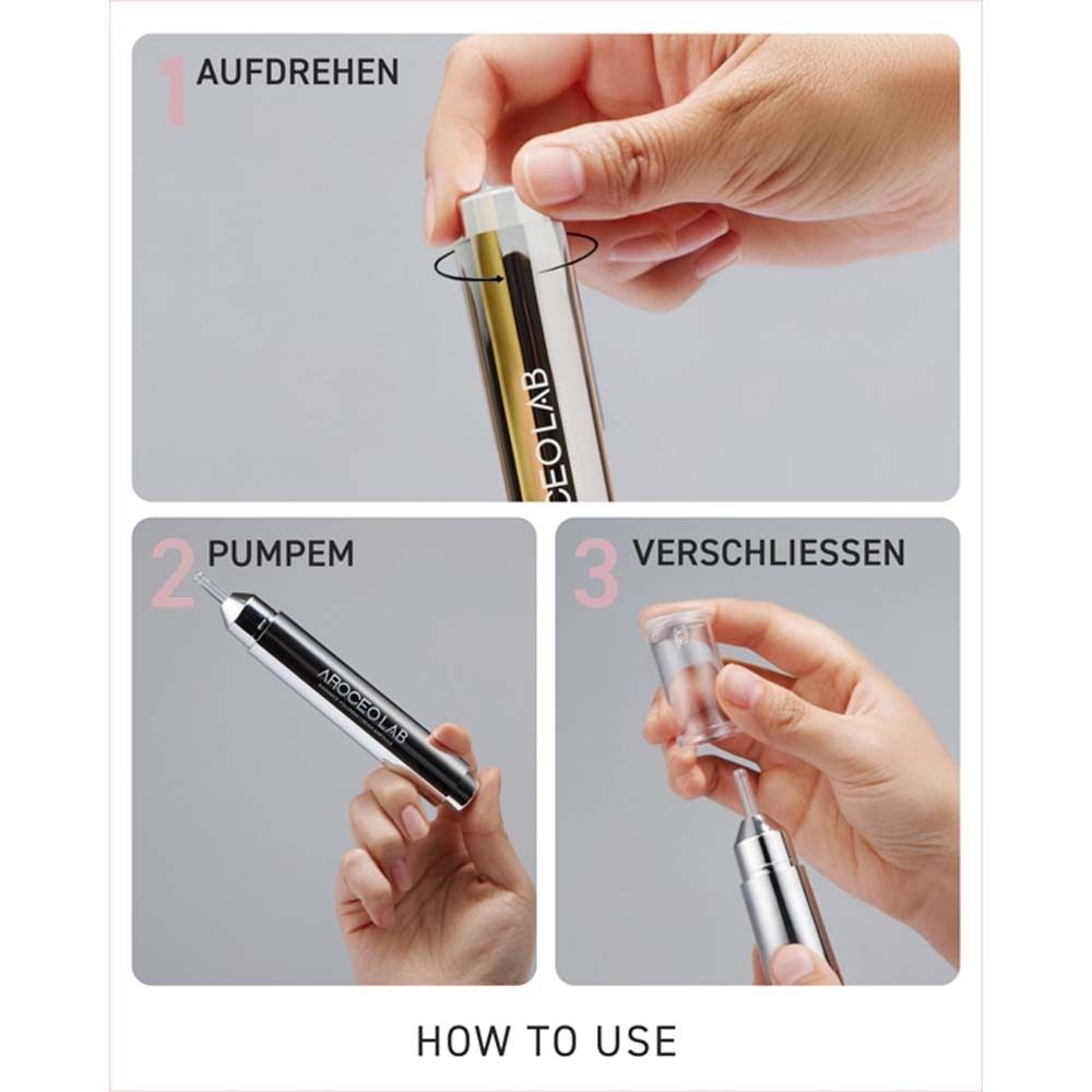 Instructions: Dévisser, Pomper, Fermer. Produit et étui transparent. Texte: MODE D'EMPLOI.