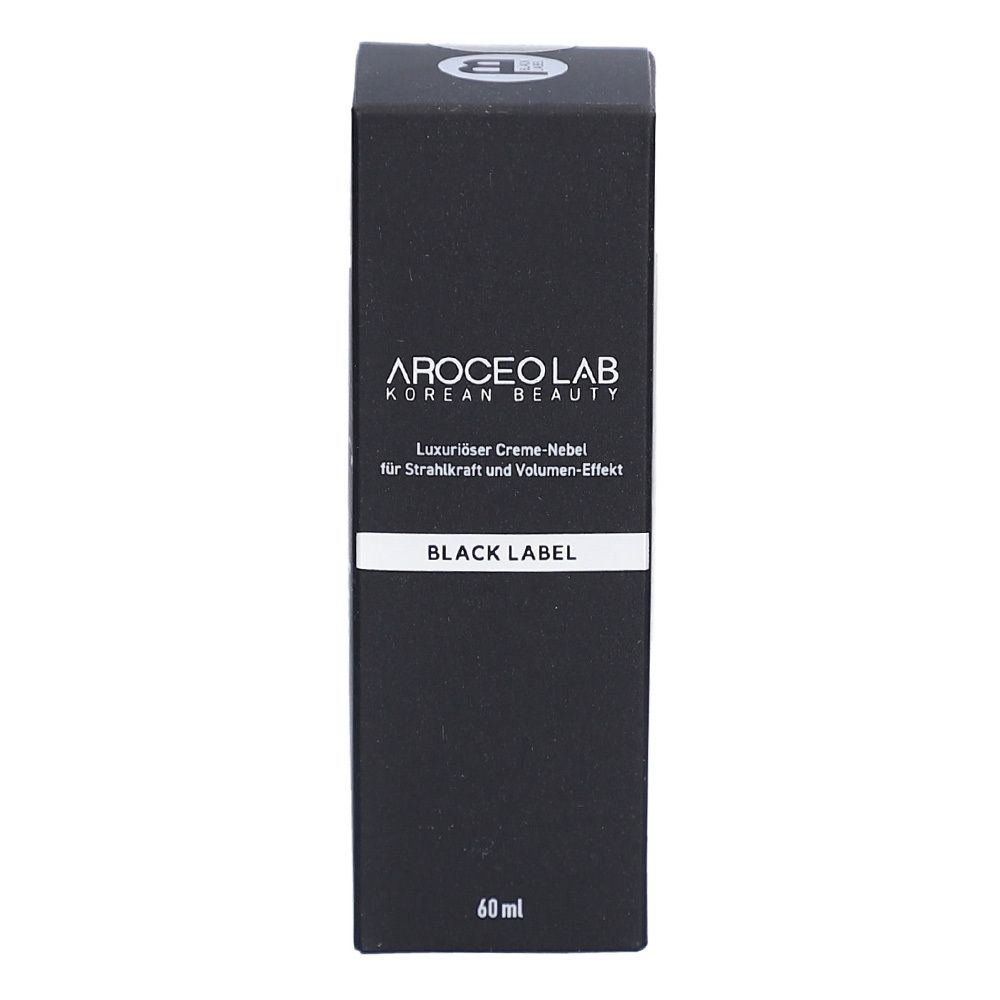 Emballage noir. Texte: AROCEO LAB, Korean Beauty, Creme-Nebel, Black Label, 60 ml.