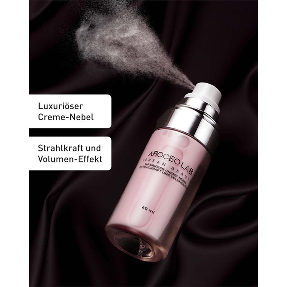 Flacon pulvérisant une brume. Texte: AROCEO LAB, Creme-Nebel, 60 ml. Sur fond noir.