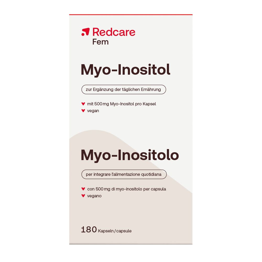 Redcare Fem Myo-Inositol. Boîte blanche. Inscription : Myo-Inositol, 180 gélules. Vegan.