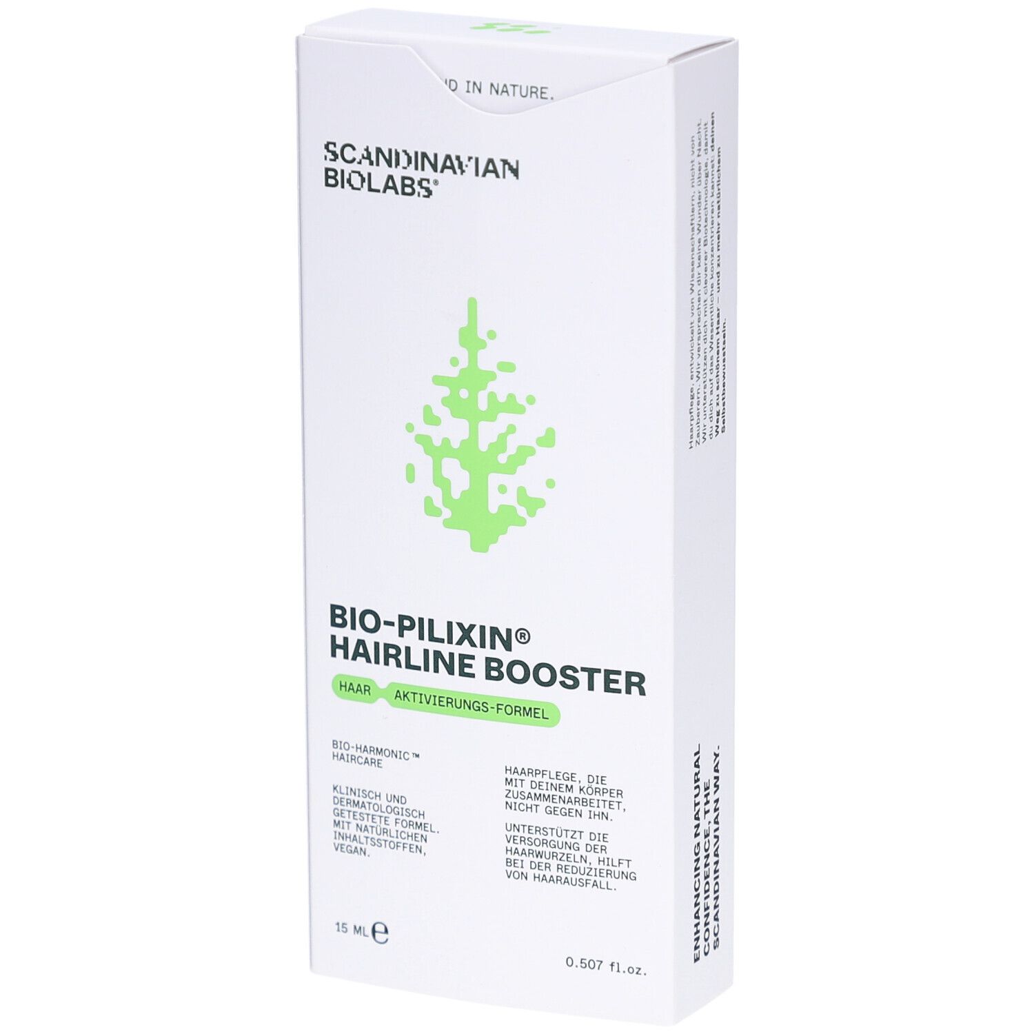 Witte productverpakking. Opschrift: BIO-PILIXIN Hairline Booster, Scandinavian Biolabs. Groen boomlogo. 15 ml.