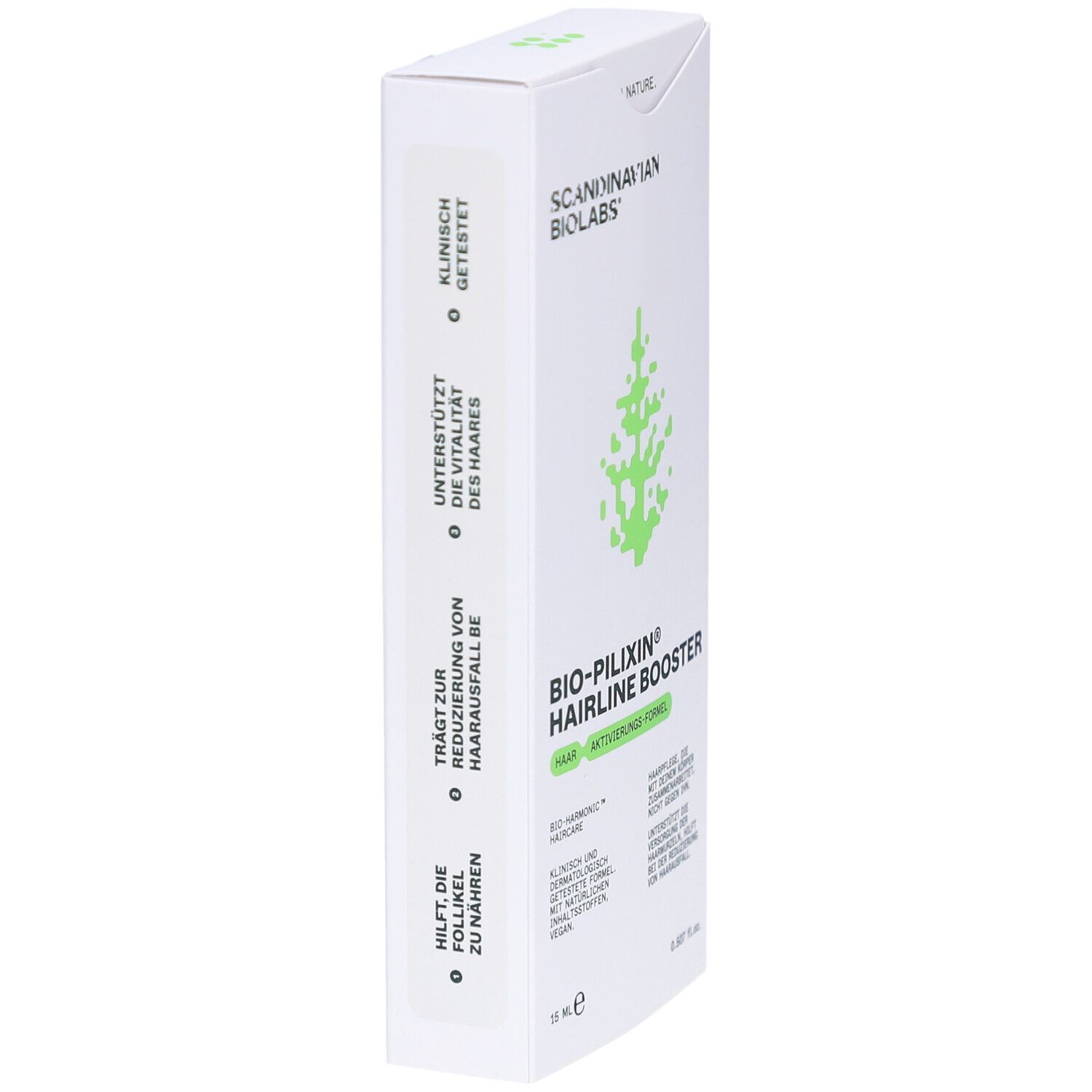Witte productverpakking. Opschrift: BIO-PILIXIN Hairline Booster, Scandinavian Biolabs. Klinisch getest.