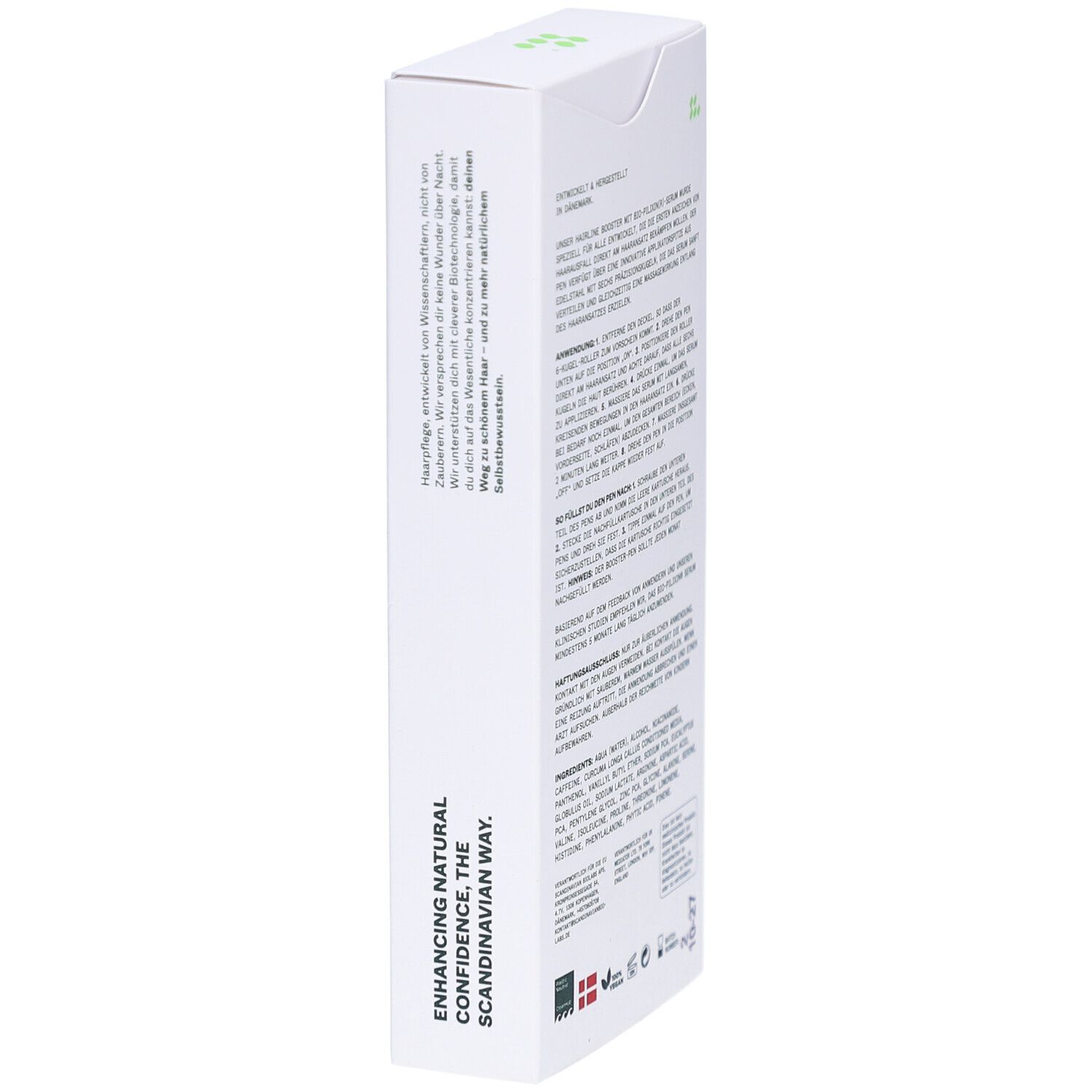 Zijkant van de productverpakking. Tekst in het Duits. Enhancing Natural Confidence, The Scandinavian Way.
