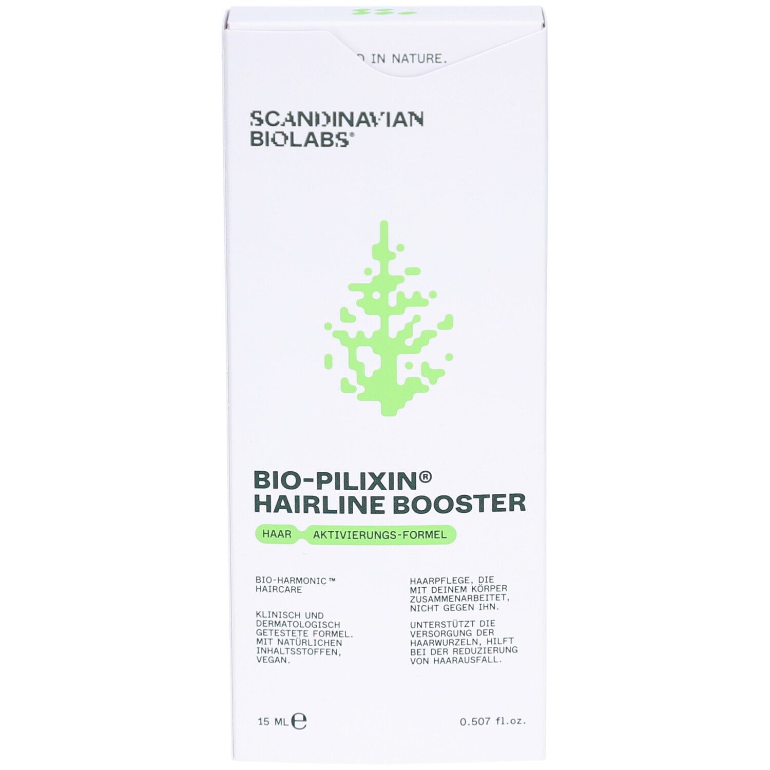 Witte productverpakking. Opschrift: BIO-PILIXIN Hairline Booster, Scandinavian Biolabs. Groen boomlogo. 15 ml.