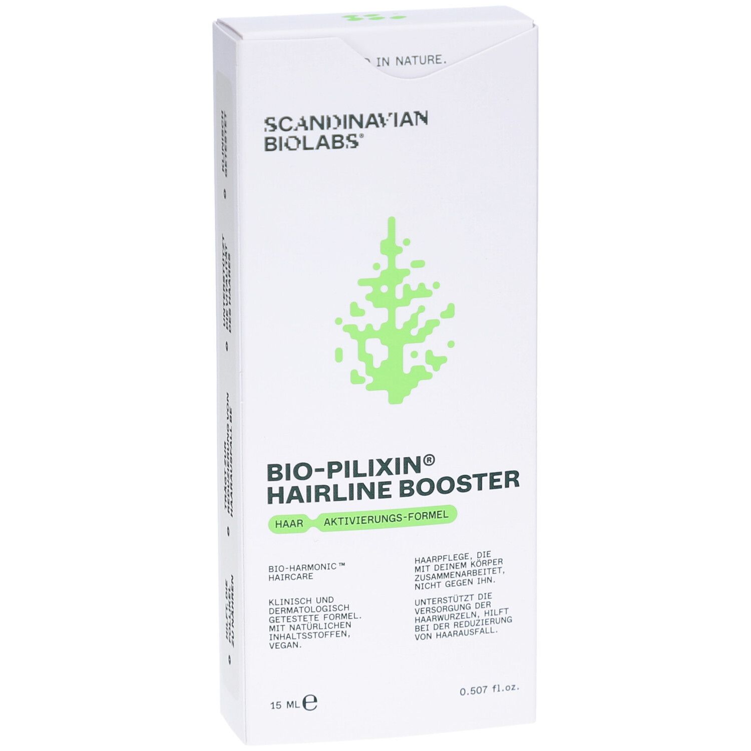 Witte productverpakking. Opschrift: BIO-PILIXIN Hairline Booster, Scandinavian Biolabs. Groen boomlogo. 15 ml.