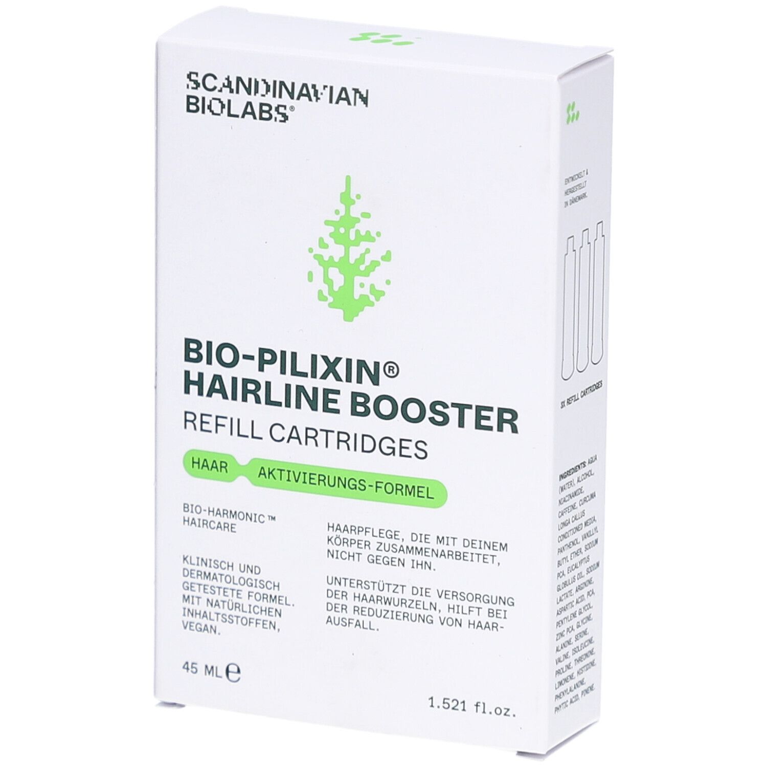 Witte doos met BIO-PILIXIN Hairline Booster. Bevat navulcartridges. Scandinavian Biolabs logo. 45 ml.