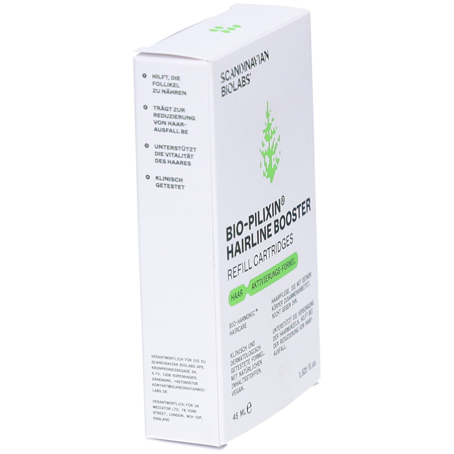 Witte doos, BIO-PILIXIN Hairline Booster. Scandinavian Biolabs logo. Tekst: Voedt de follikels, vermindert haaruitval, ondersteunt vitaliteit.