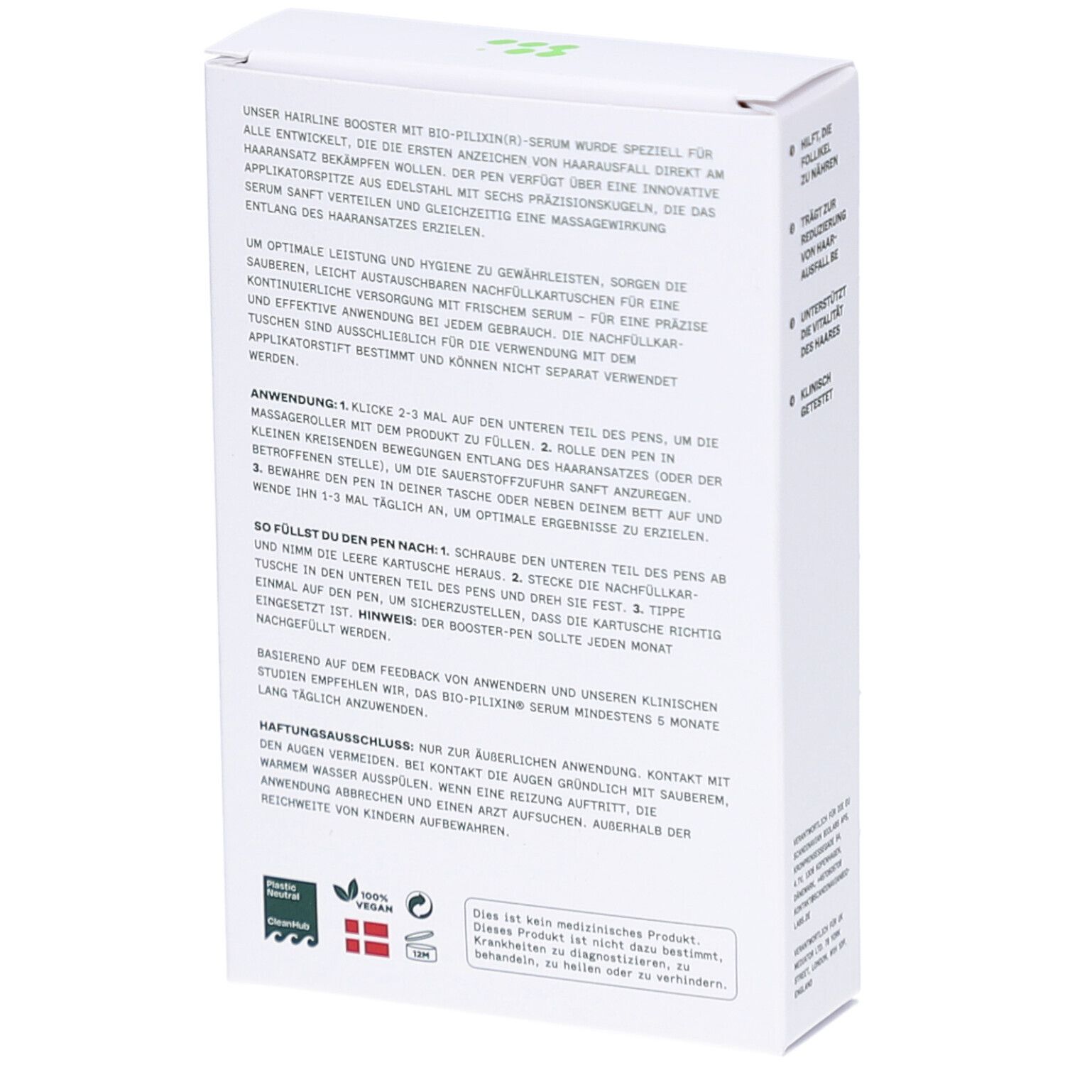 Achterkant van de BIO-PILIXIN Hairline Booster navulverpakking. Tekst over gebruik en ingrediënten. Vegan zegel.