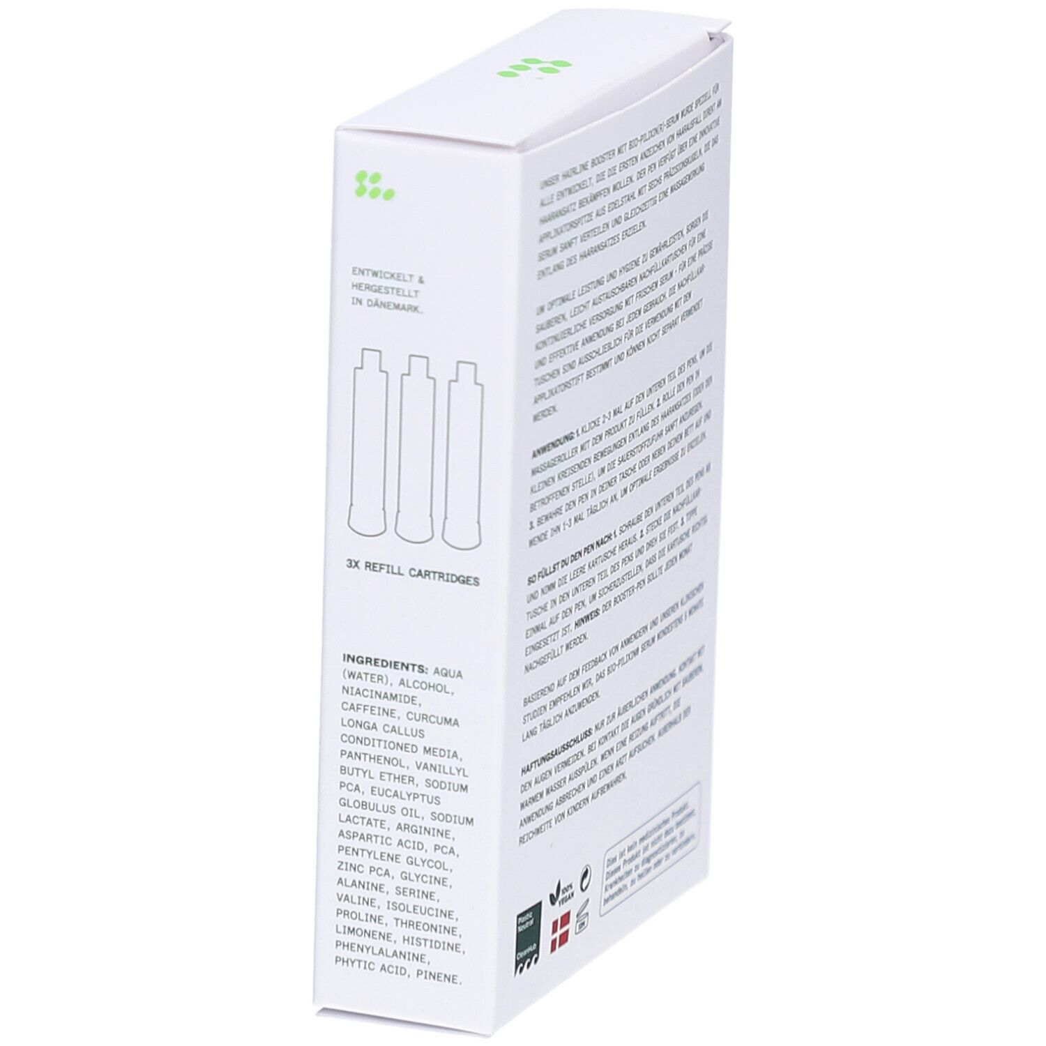 BIO-PILIXIN Hairline Booster navulverpakking. Bevat 3 navulcartridges. Ingrediënten vermeld.