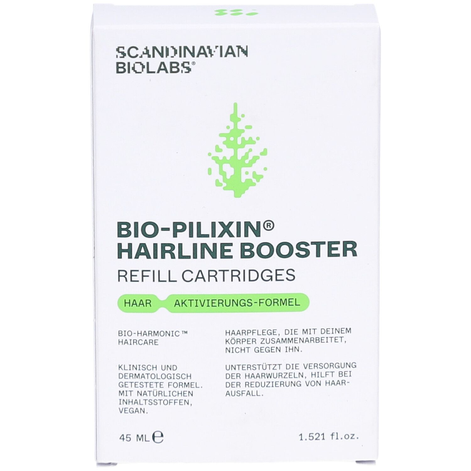Witte doos met BIO-PILIXIN Hairline Booster. Bevat navulcartridges. Scandinavian Biolabs logo. 45 ml.