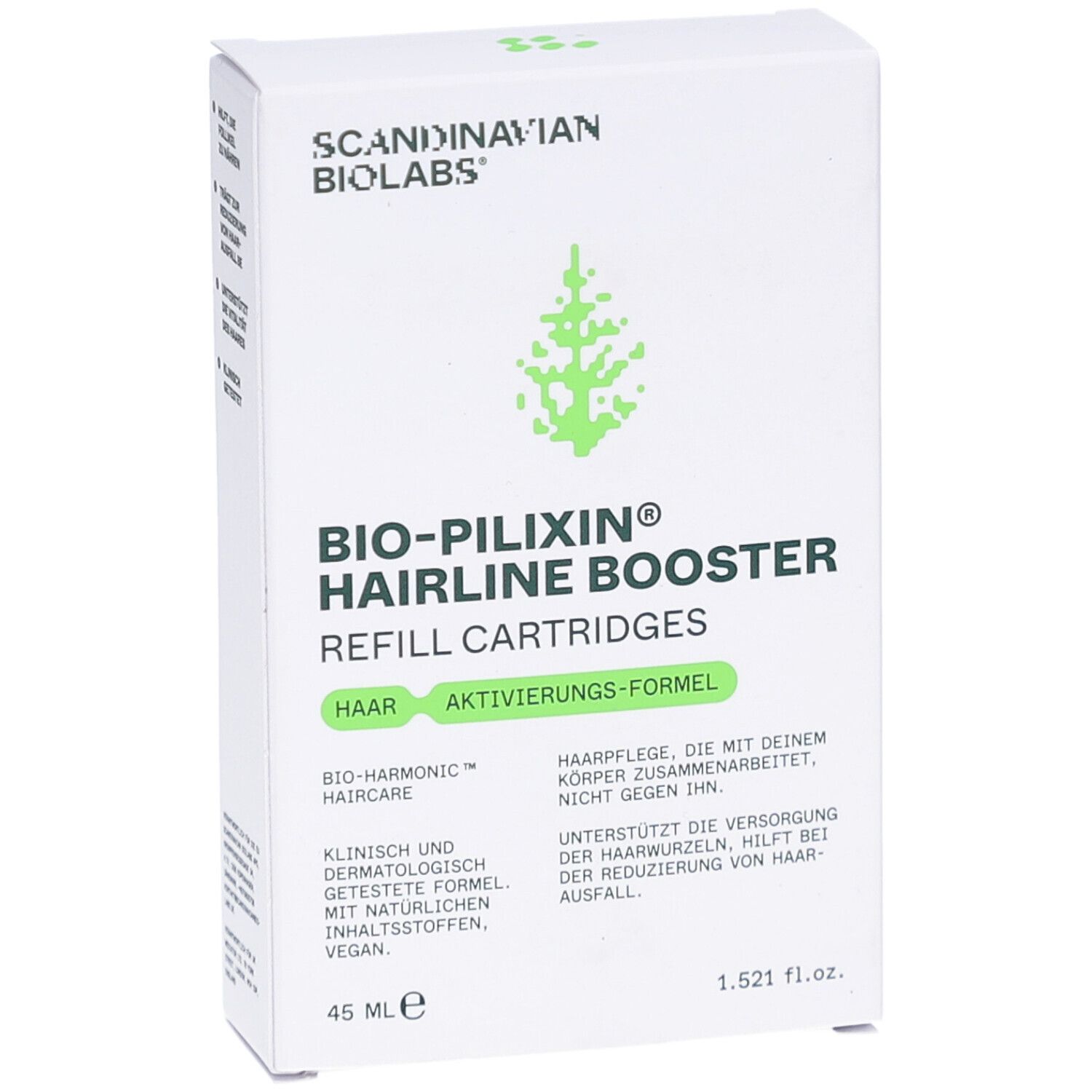 Witte doos met BIO-PILIXIN Hairline Booster. Bevat navulcartridges. Scandinavian Biolabs logo. 45 ml.