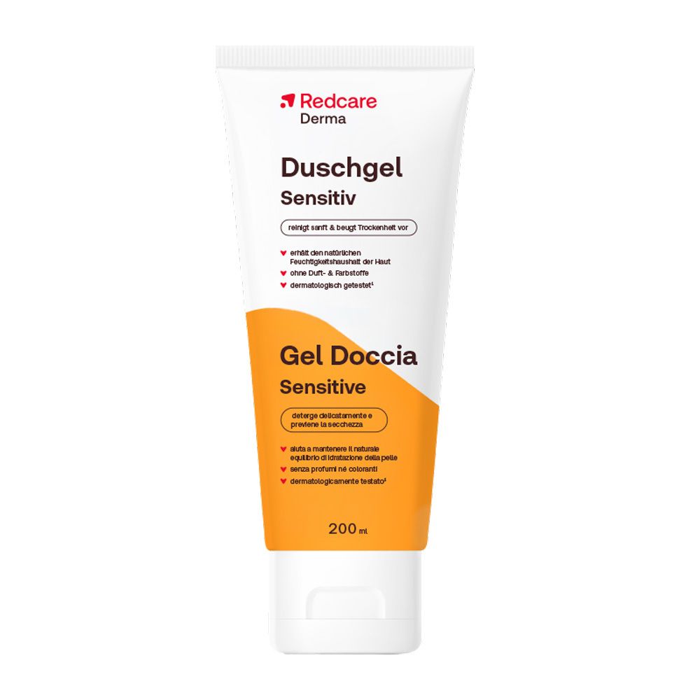 Tube Redcare Derma Duschgel Sensitiv, 200ml. Nettoie en douceur et protège du dessèchement.