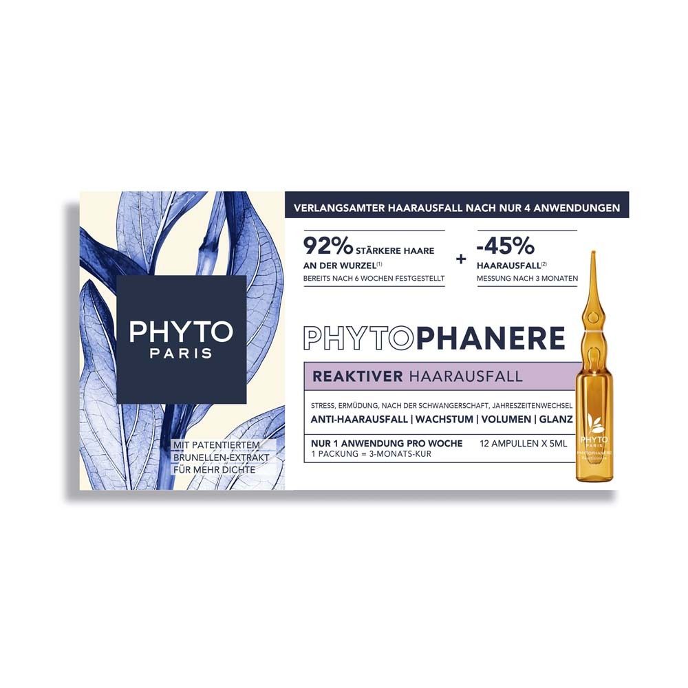 Doosje met Phytophanere ampullen. Bevat 12 ampullen. Opschrift: Phytophanere, reactieve haaruitval. Informatie over de werking.