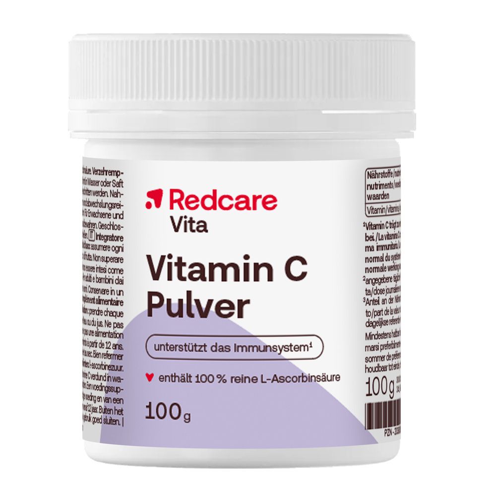 Poudre de Vitamine C Redcare Vita dans un pot blanc de 100g.
