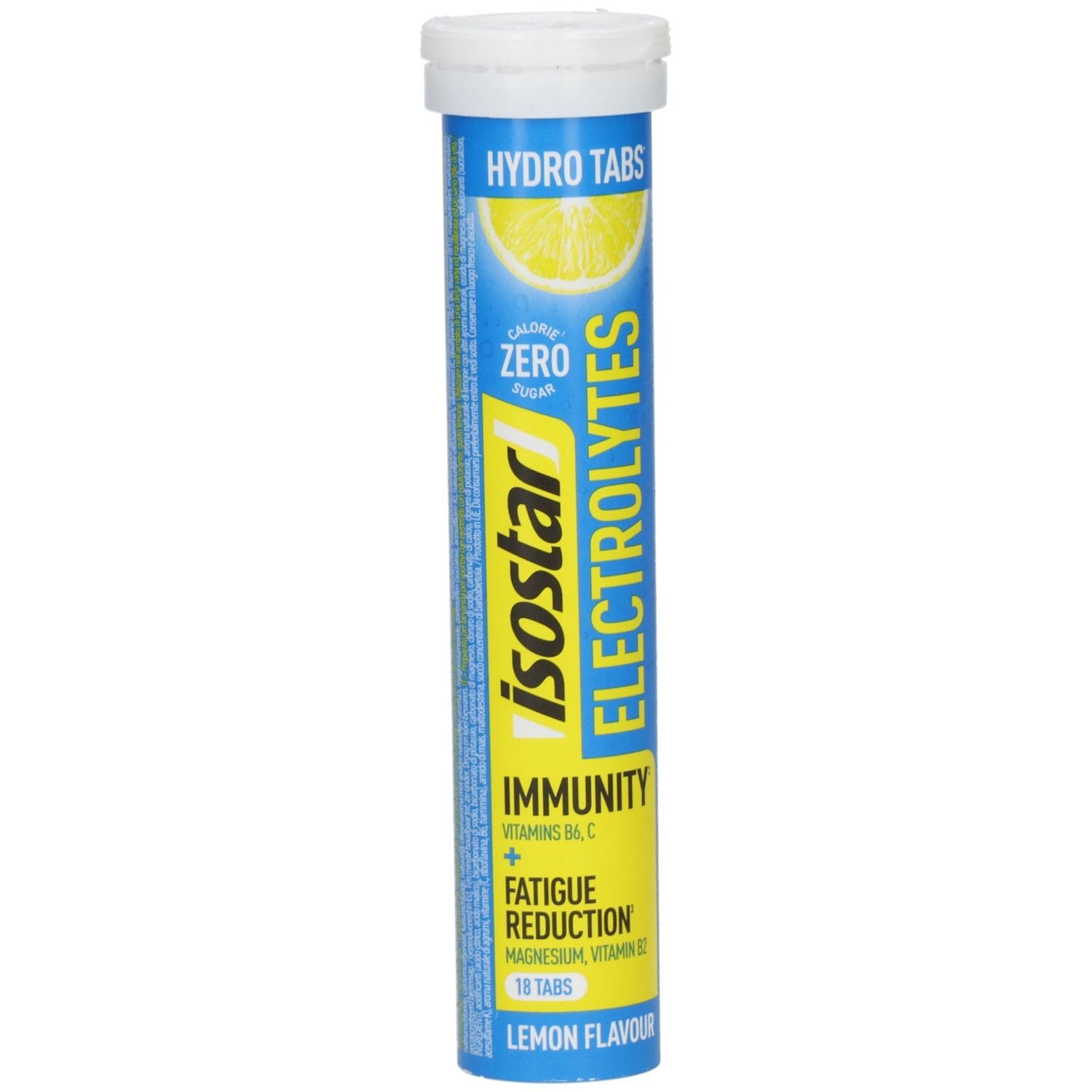 Tube cylindrique de comprimés. Inscription: Isostar Electrolytes, Hydro Tabs, citron. Contient 18 comprimés. Jaune et bleu.