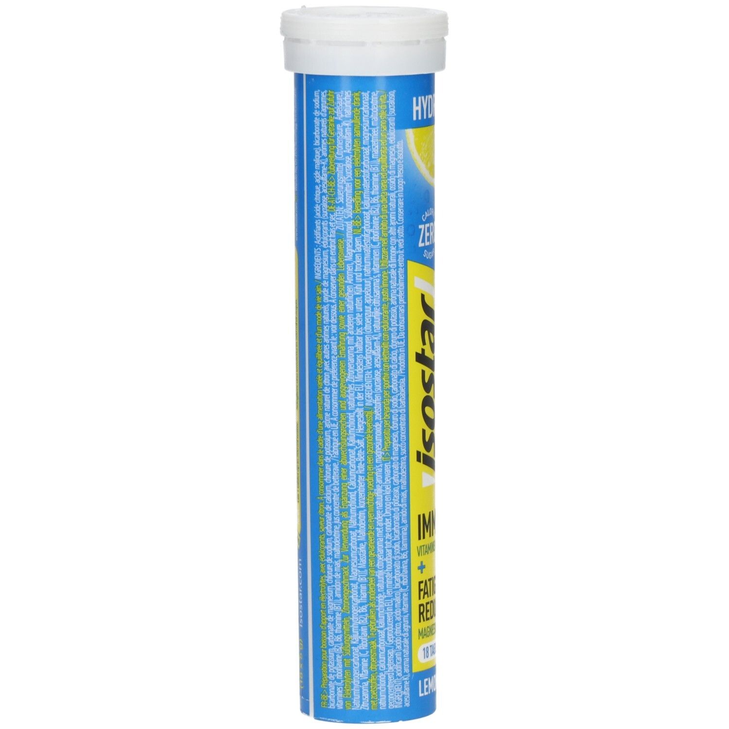 Tube cylindrique de comprimés. Couleurs bleu et jaune. Texte: Isostar Electrolytes, Hydro Tabs, citron. Dos avec texte.