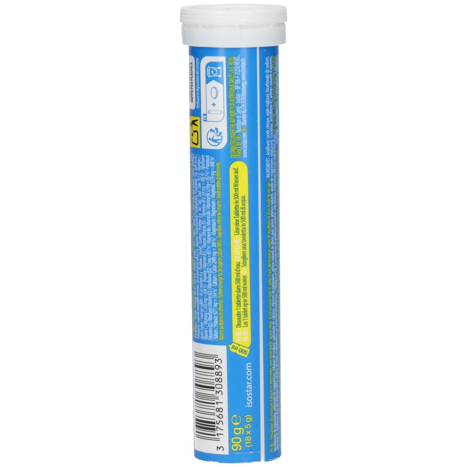 Tube cylindrique de comprimés. Dos avec texte et code-barres. Texte: Isostar.com, 90g (18 x 5 g).